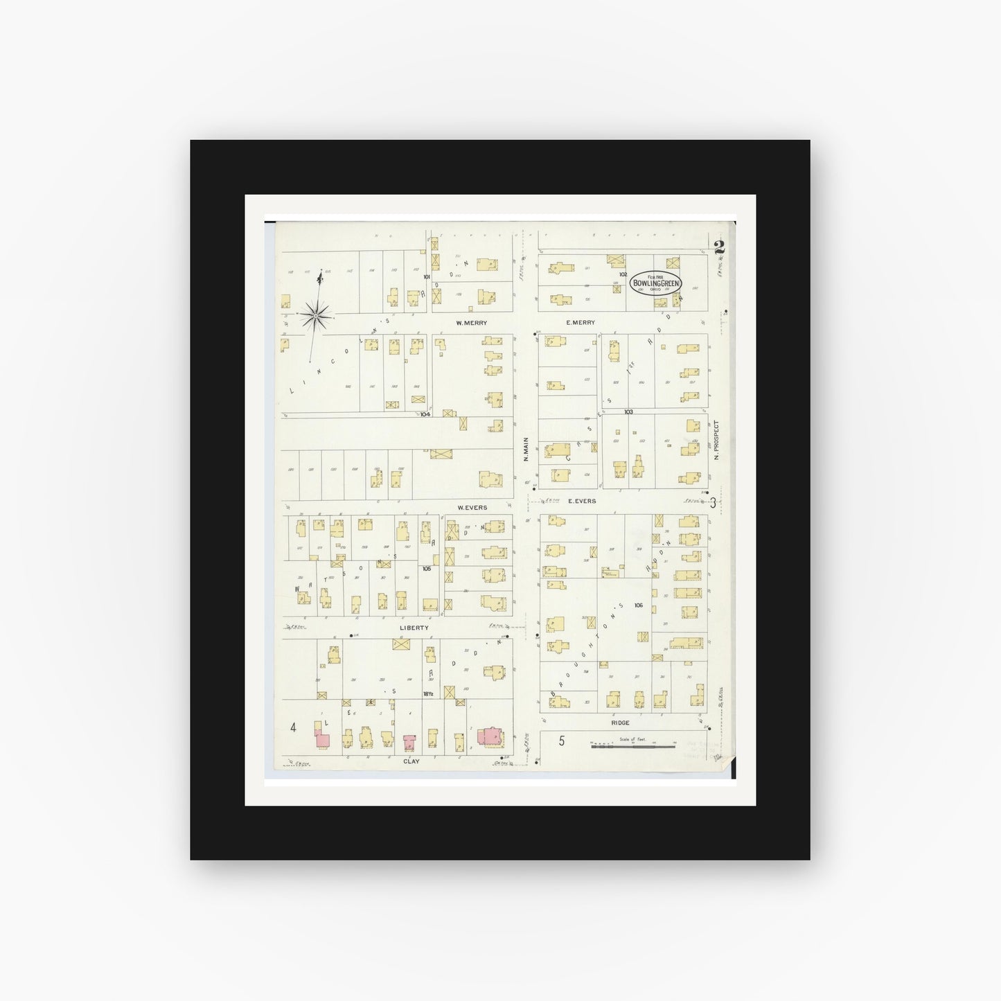 Old map wall art mockup — black gallery frame with white mat — Sanborn Fire Insurance Map from Bowling Green, Wood County, Ohio (1908), Sheet #0002