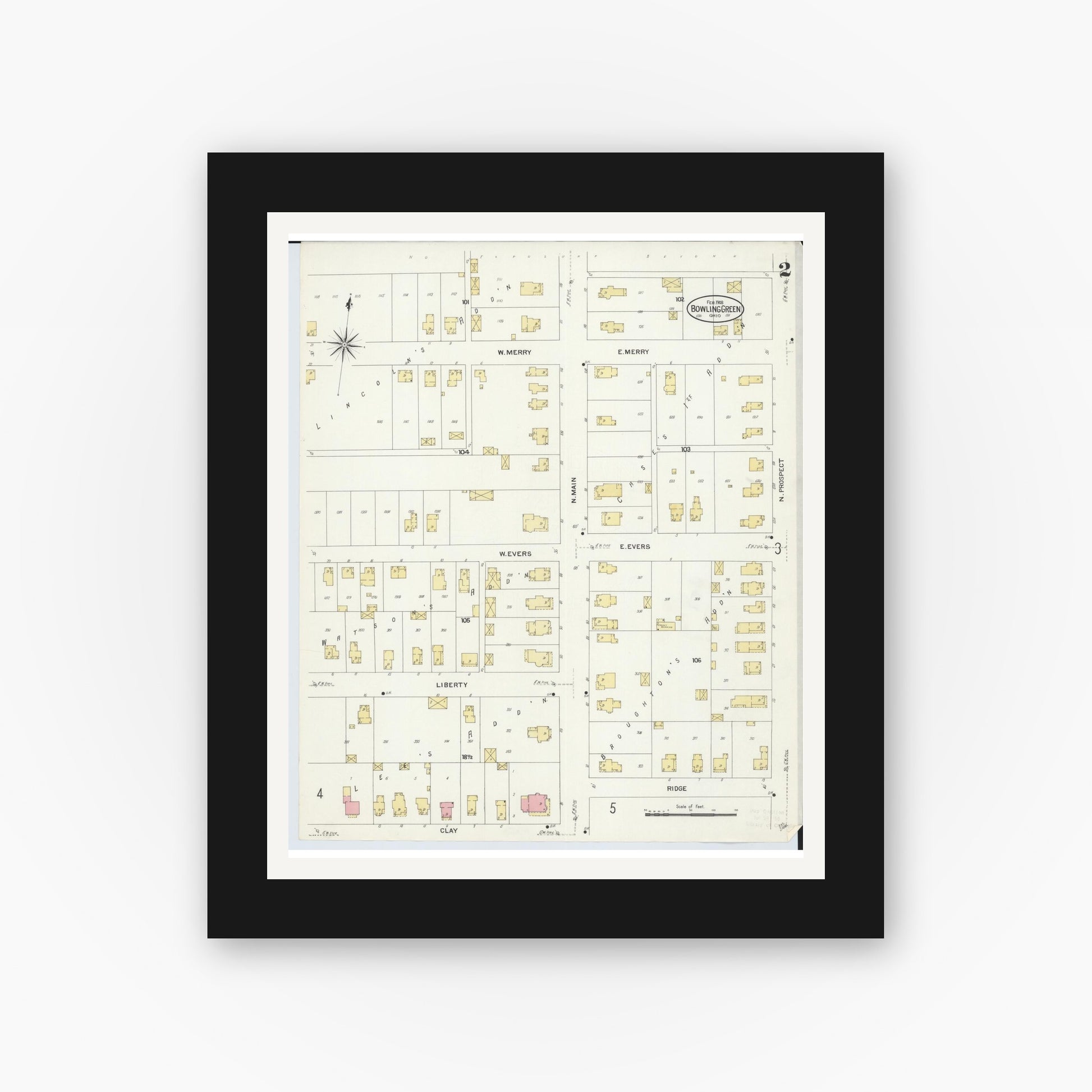 Old map wall art mockup — black gallery frame with white mat — Sanborn Fire Insurance Map from Bowling Green, Wood County, Ohio (1908), Sheet #0002