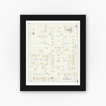 Old map wall art mockup — black gallery frame with white mat — Sanborn Fire Insurance Map from Bowling Green, Wood County, Ohio (1908), Sheet #0002
