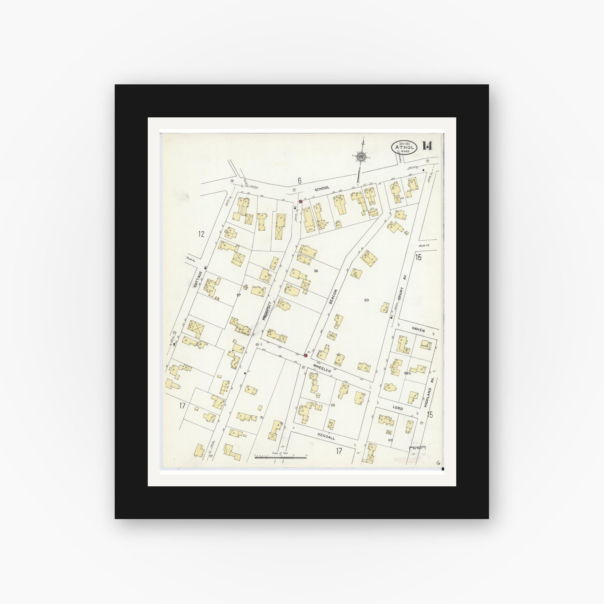 Old map wall art mockup — black gallery frame with white mat — Sanborn Fire Insurance Map from Athol, Worcester County, Massachusetts (1911), Sheet #0014