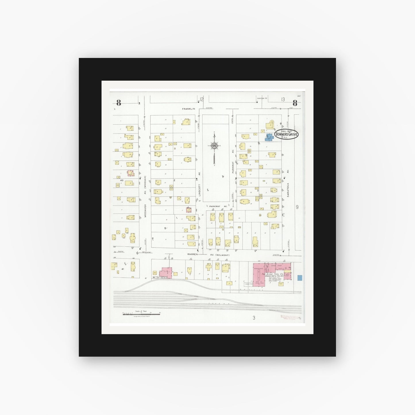 Old map wall art mockup — black gallery frame with white mat — Sanborn Fire Insurance Map from Downers Grove, Dupage County, Illinois (1927), Sheet #0008