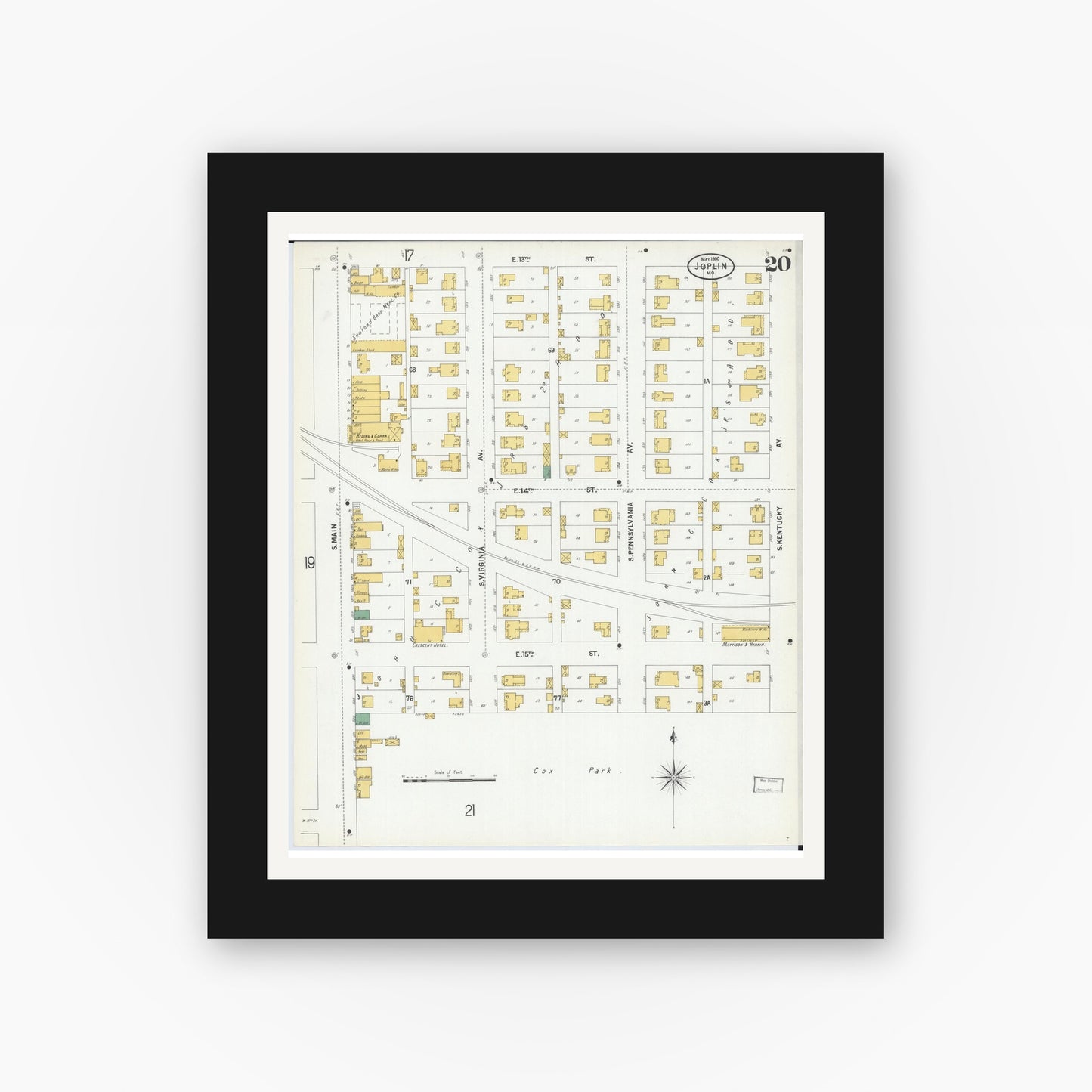 Old map wall art mockup — black gallery frame with white mat — Sanborn Fire Insurance Map from Joplin, Jasper County, Missouri (1900), Sheet #0020
