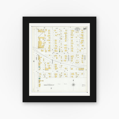 Old map wall art mockup — black gallery frame with white mat — Sanborn Fire Insurance Map from Joplin, Jasper County, Missouri (1900), Sheet #0020
