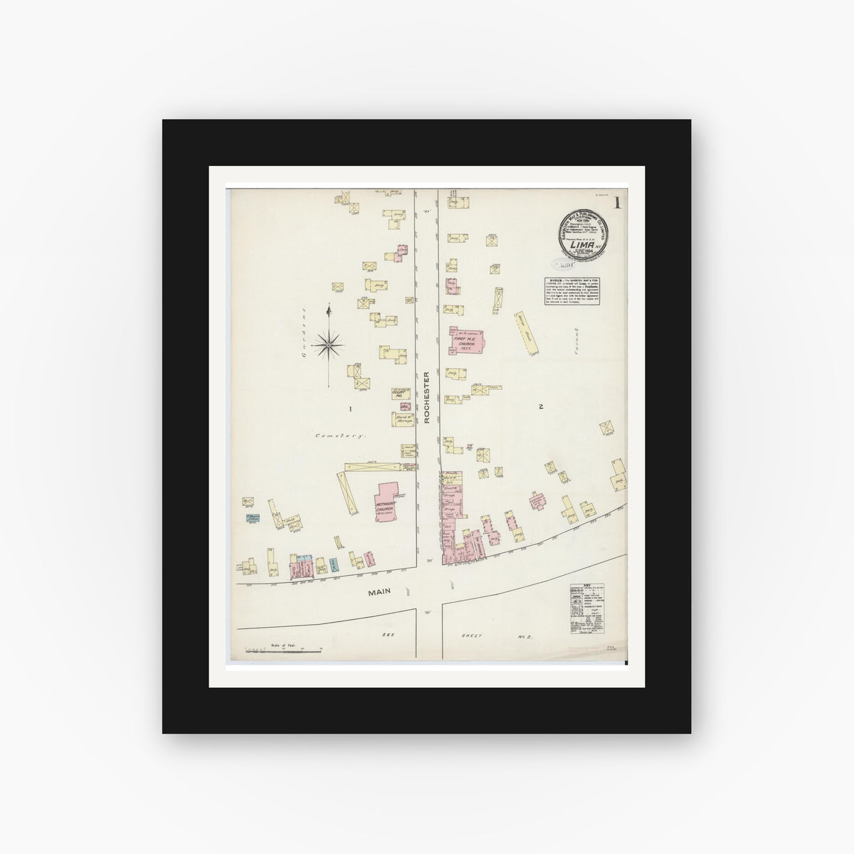 Old map wall art mockup — black gallery frame with white mat — Sanborn Fire Insurance Map from Lima, Livingston County, New York (1884), Sheet #0001