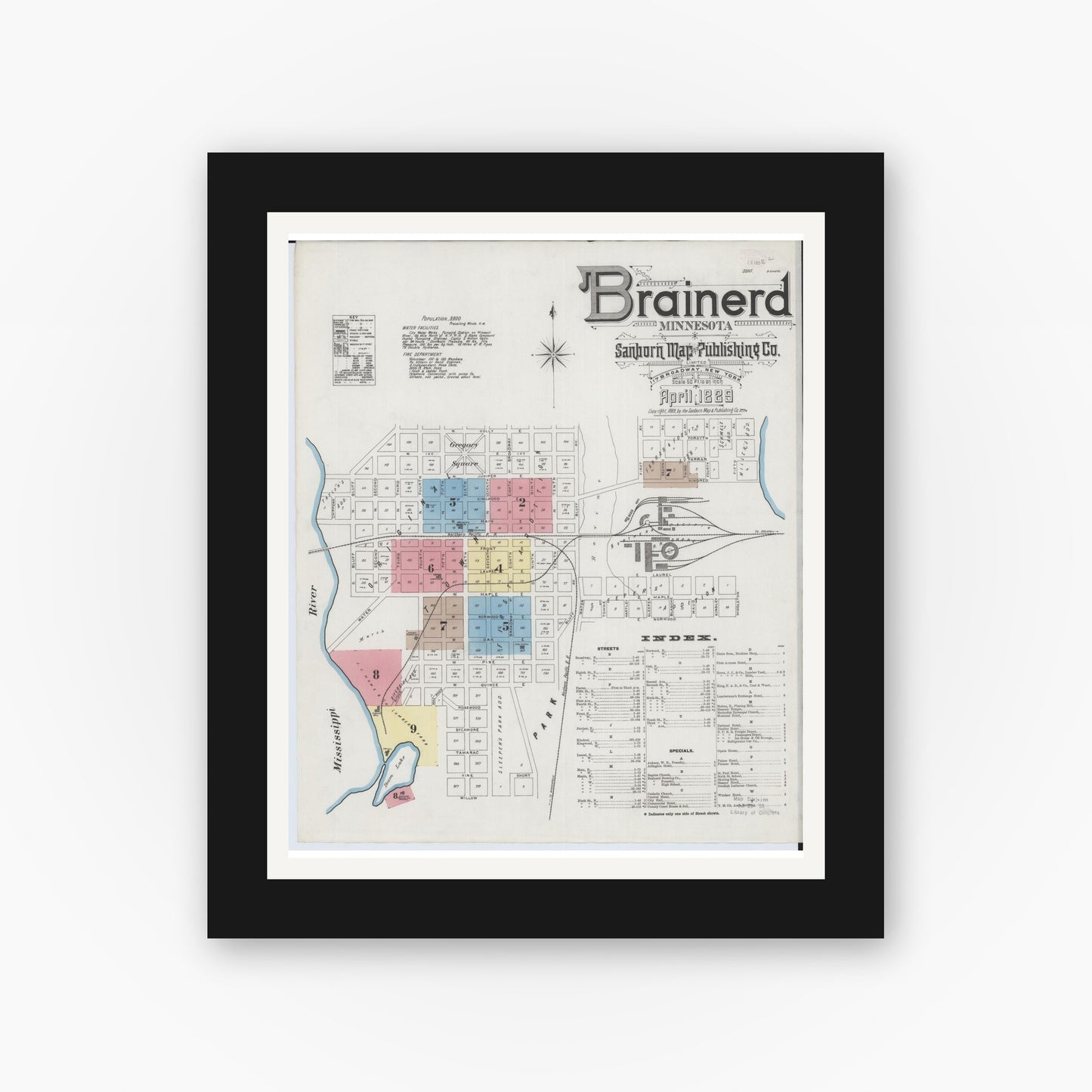 Old map wall art mockup — black gallery frame with white mat — Sanborn Fire Insurance Map from Brainerd, Crow Wing County, Minnesota (1889) - Complete Map Set