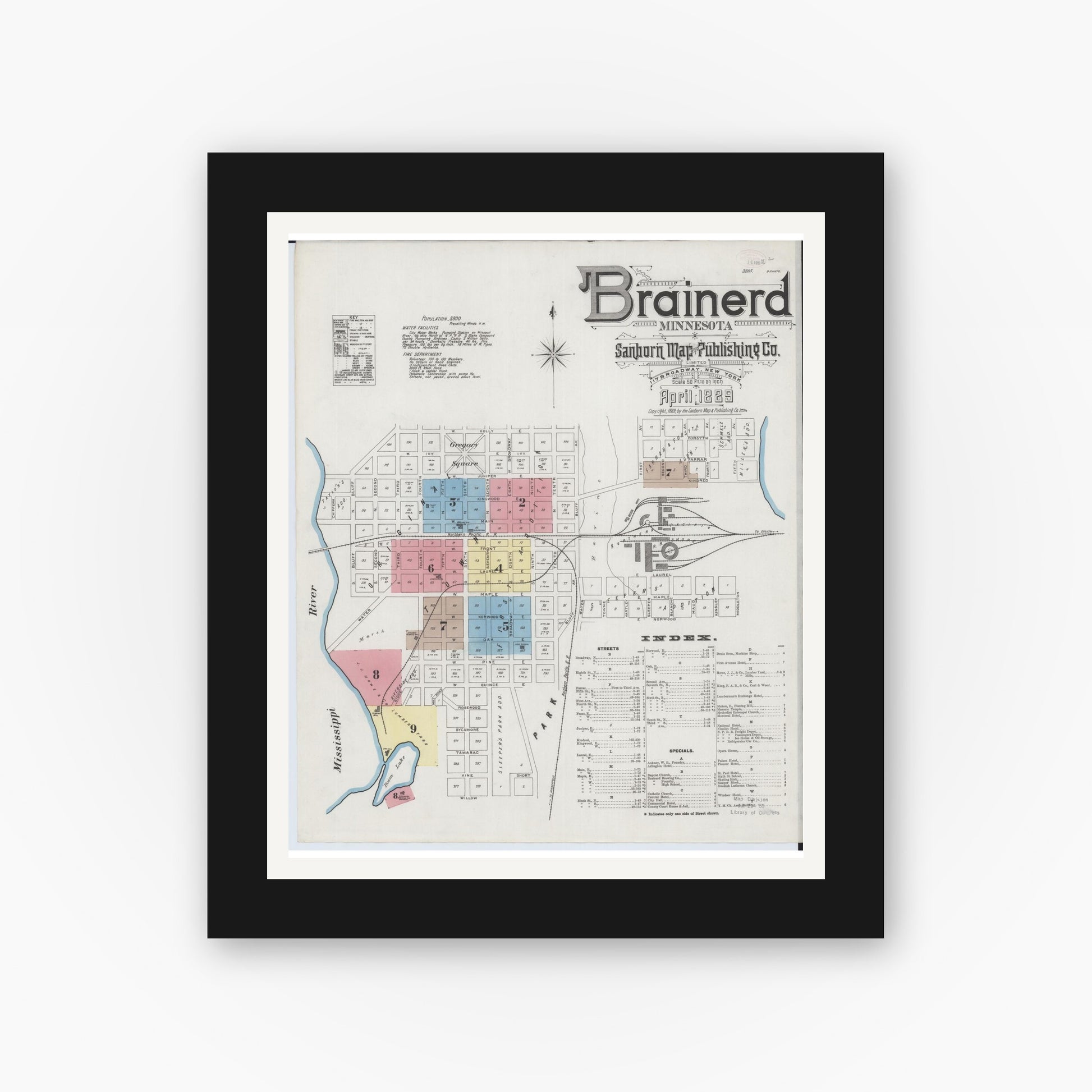 Old map wall art mockup — black gallery frame with white mat — Sanborn Fire Insurance Map from Brainerd, Crow Wing County, Minnesota (1889) - Complete Map Set