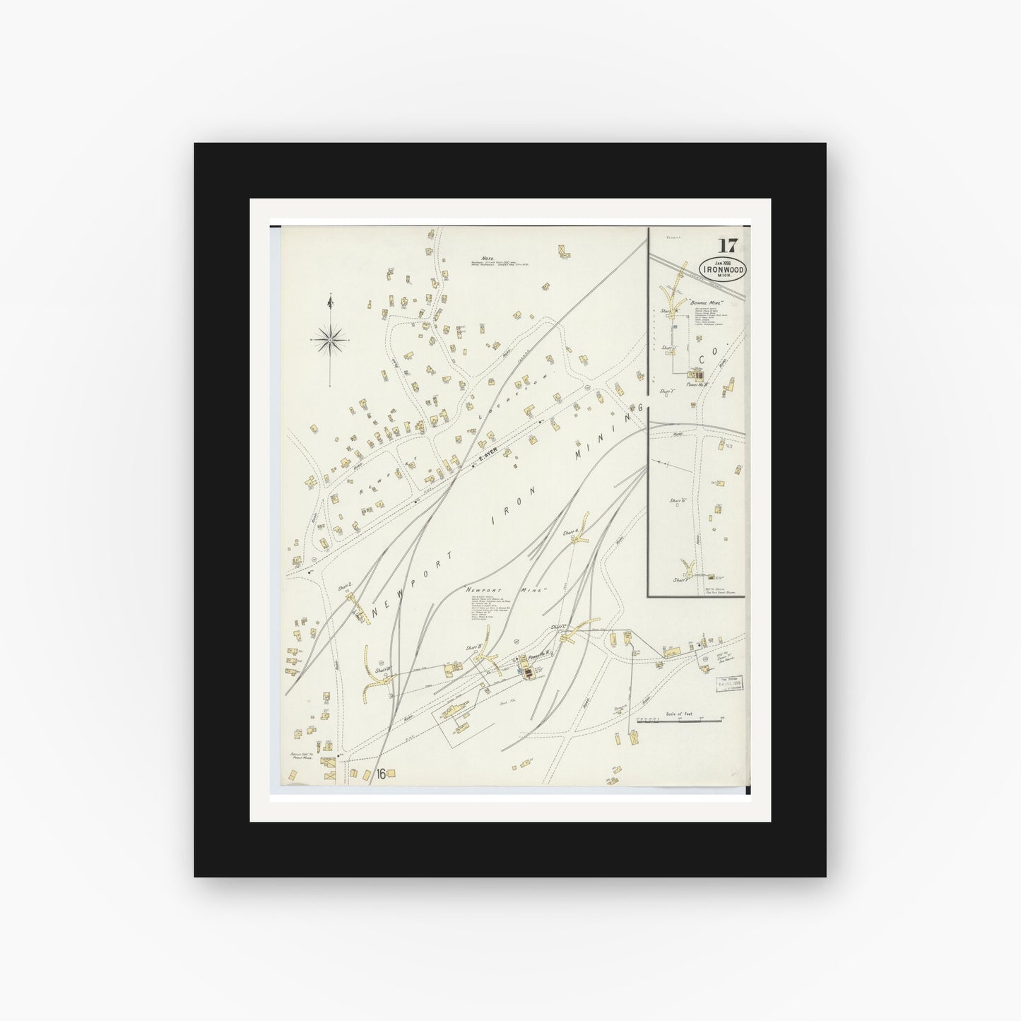 Old map wall art mockup — black gallery frame with white mat — Sanborn Fire Insurance Map from Ironwood, Gogebic County, Michigan (1898), Sheet #0017