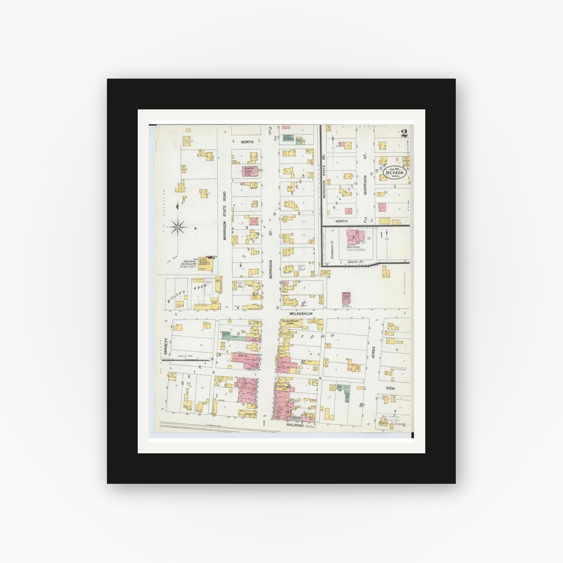 Old map wall art mockup — black gallery frame with white mat — Sanborn Fire Insurance Map from Nevada, Wyandot County, Ohio (1901), Sheet #0002