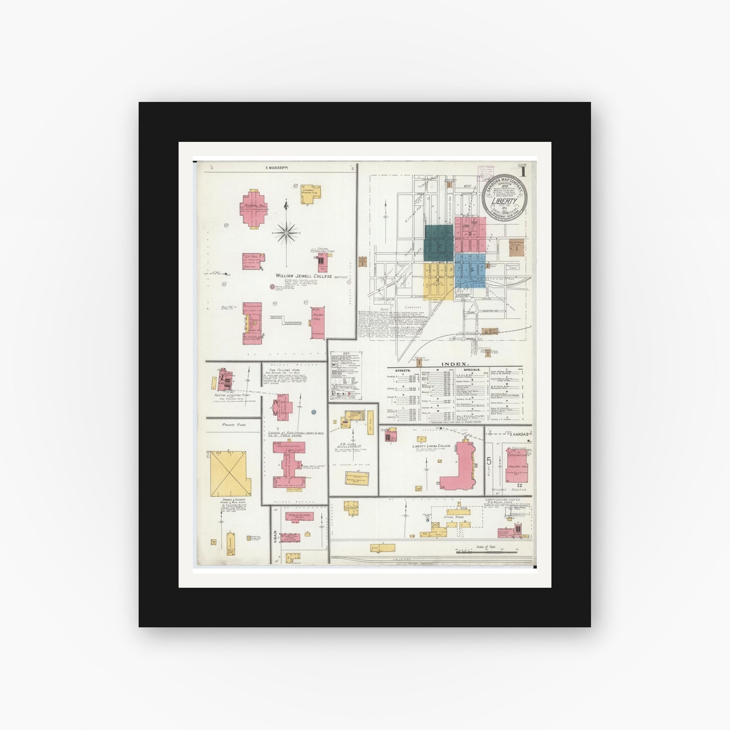 Old map wall art mockup — black gallery frame with white mat — Sanborn Fire Insurance Map from Liberty, Clay County, Missouri (1906) - Complete Map Set