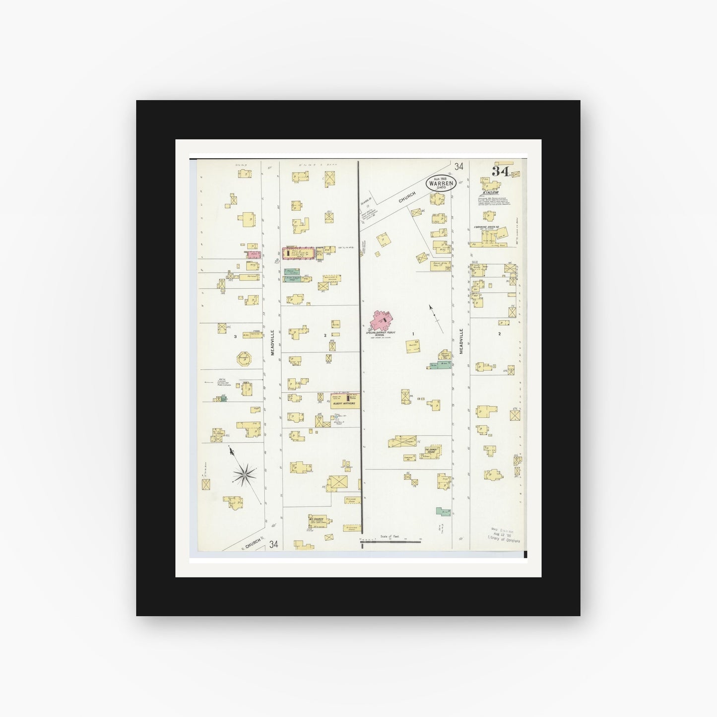 Old map wall art mockup — black gallery frame with white mat — Sanborn Fire Insurance Map from Warren, Trumbull County, Ohio (1908), Sheet #0034