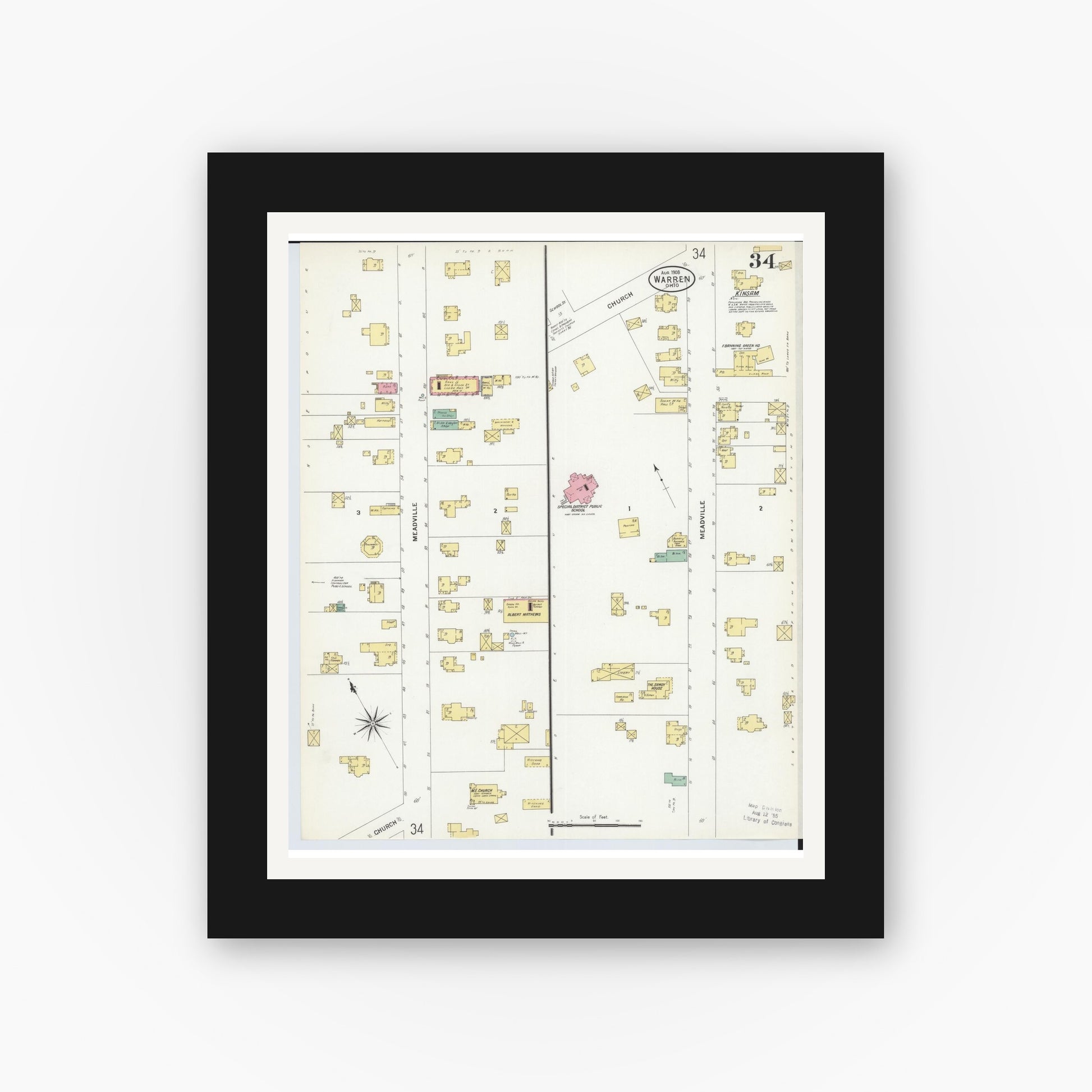 Old map wall art mockup — black gallery frame with white mat — Sanborn Fire Insurance Map from Warren, Trumbull County, Ohio (1908), Sheet #0034