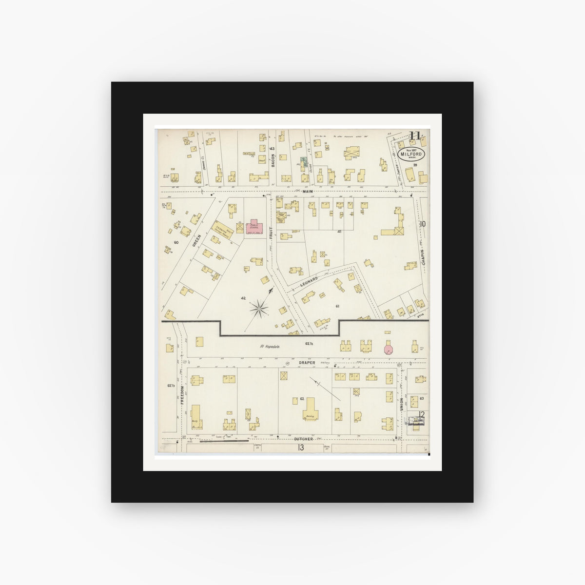 Old map wall art mockup — black gallery frame with white mat — Sanborn Fire Insurance Map from Milford, Worcester County, Massachusetts (1897), Sheet #0011