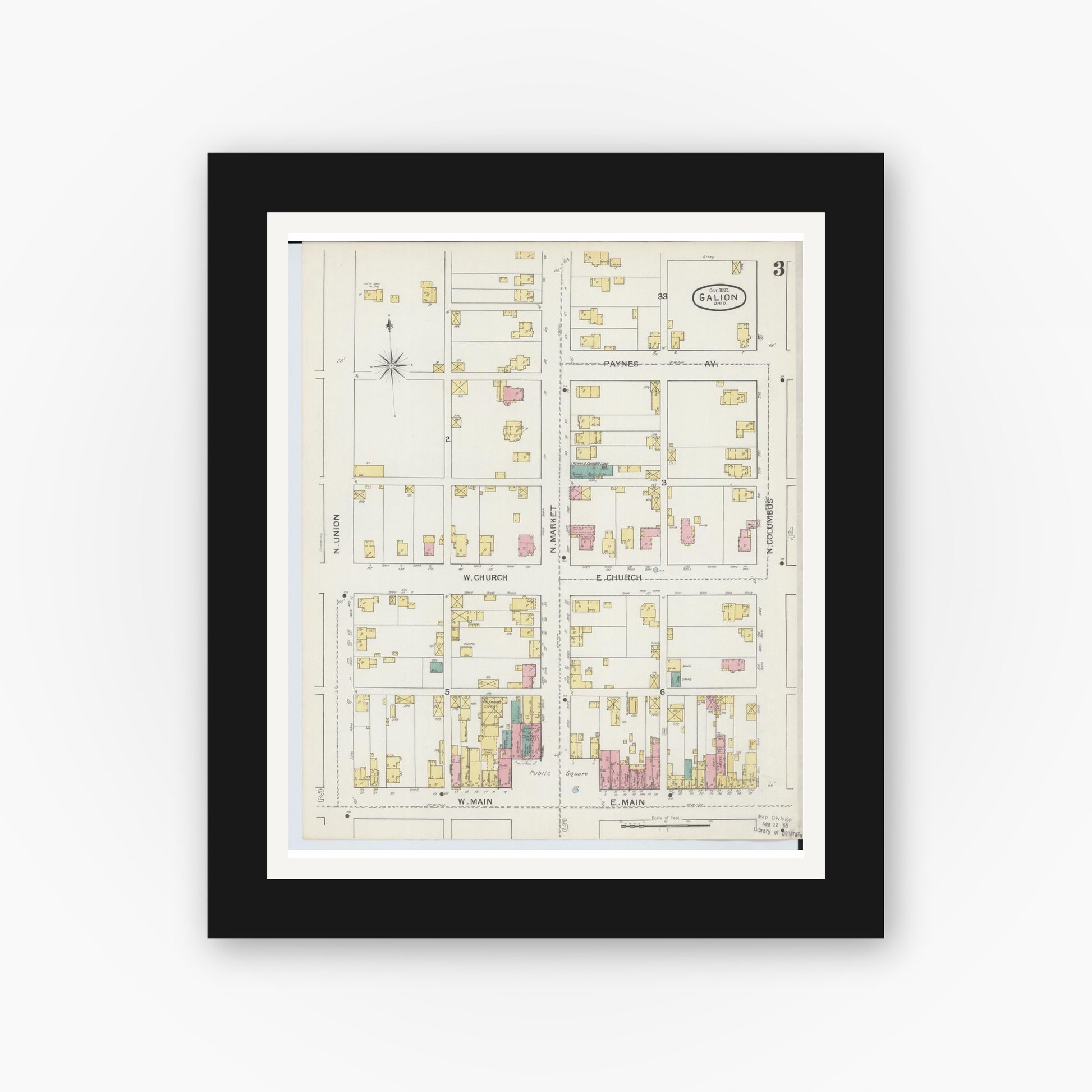 Old map wall art mockup — black gallery frame with white mat — Sanborn Fire Insurance Map from Galion, Crawford County, Ohio (1892), Sheet #0003