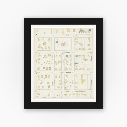 Old map wall art mockup — black gallery frame with white mat — Sanborn Fire Insurance Map from Monroe, Green County, Wisconsin (1915), Sheet #0013