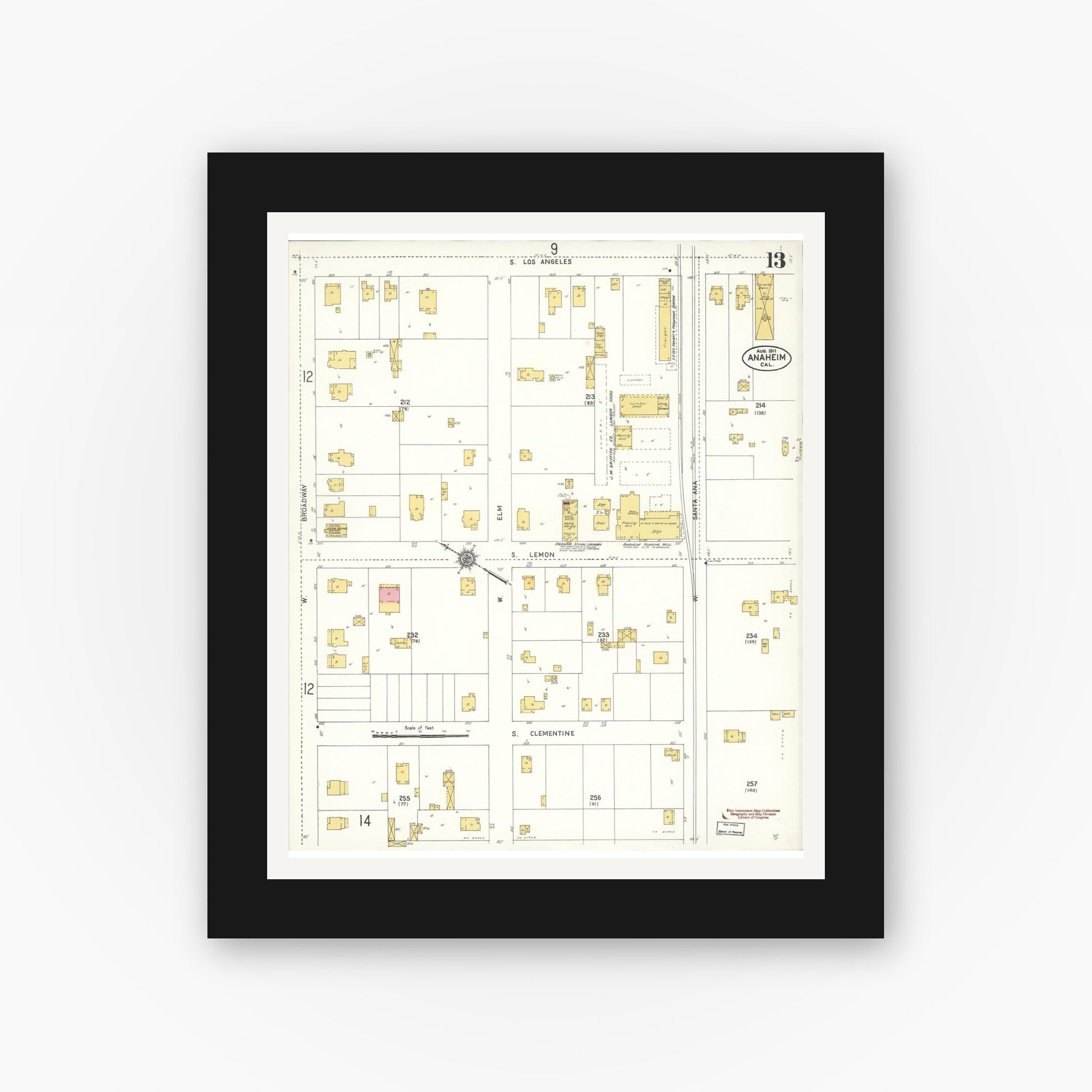 Old map wall art mockup — black gallery frame with white mat — Sanborn Fire Insurance Map from Anaheim, Orange County, California (1911), Sheet #0013