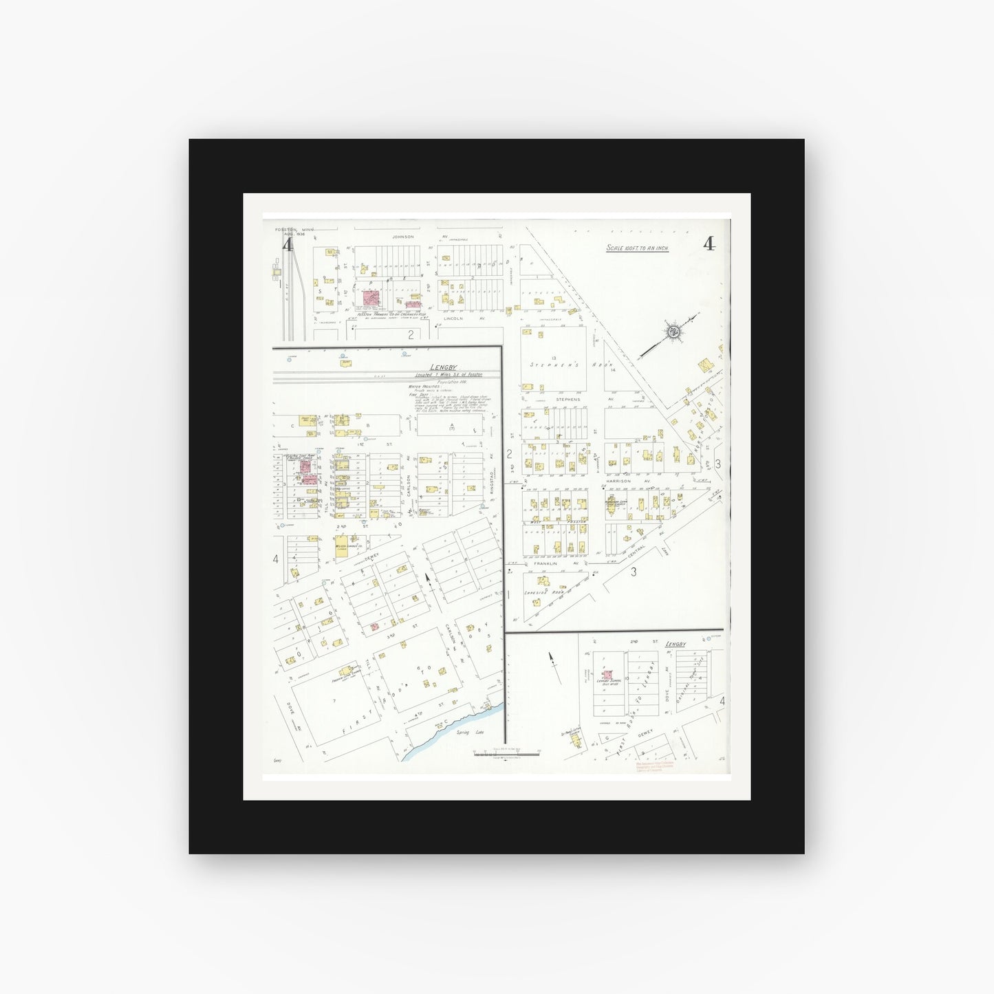 Old map wall art mockup — black gallery frame with white mat — Sanborn Fire Insurance Map from Fosston, Polk County, Minnesota (1936), Sheet #0004