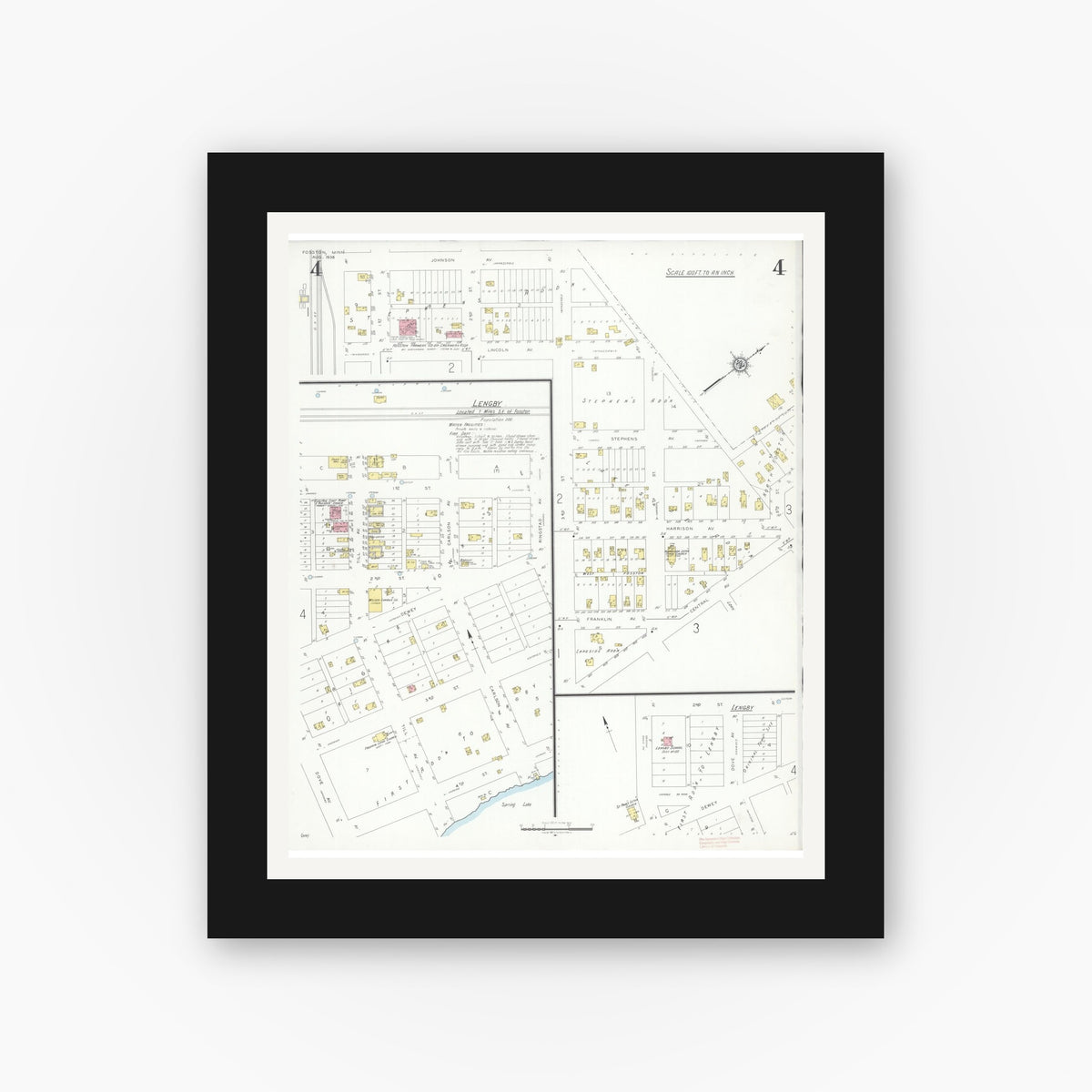 Old map wall art mockup — black gallery frame with white mat — Sanborn Fire Insurance Map from Fosston, Polk County, Minnesota (1936), Sheet #0004