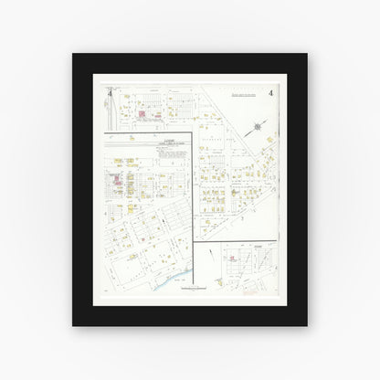 Old map wall art mockup — black gallery frame with white mat — Sanborn Fire Insurance Map from Fosston, Polk County, Minnesota (1936), Sheet #0004