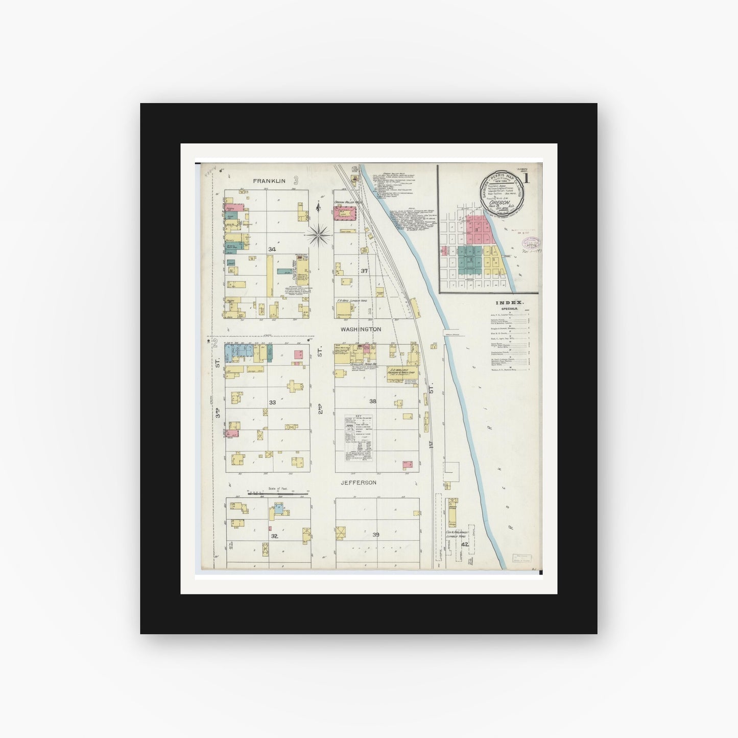 Old map wall art mockup — black gallery frame with white mat — Sanborn Fire Insurance Map from Oregon, Ogle County, Illinois (1893), Sheet #0001