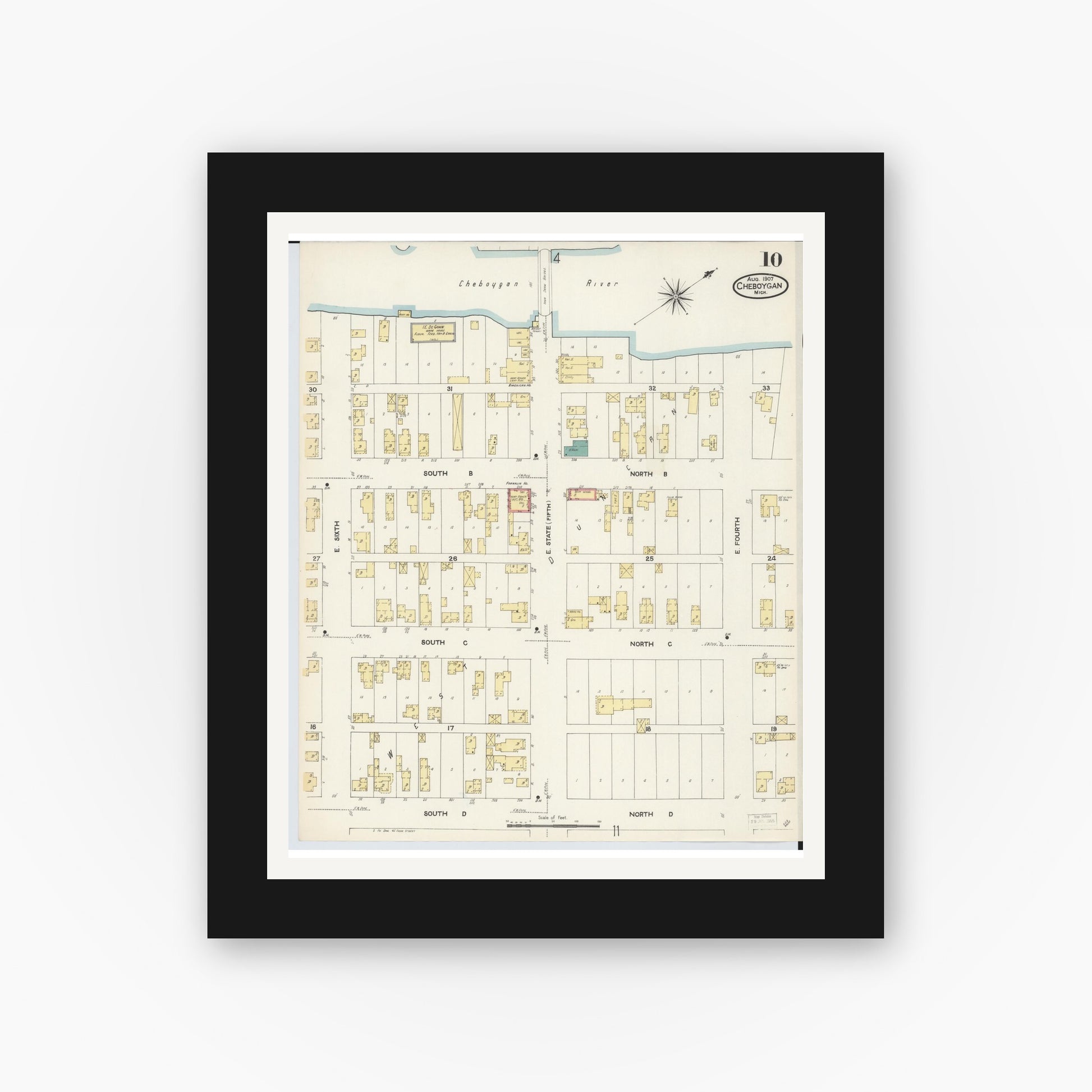 Old map wall art mockup — black gallery frame with white mat — Sanborn Fire Insurance Map from Cheboygan, Cheboygan County, Michigan (1907), Sheet #0010