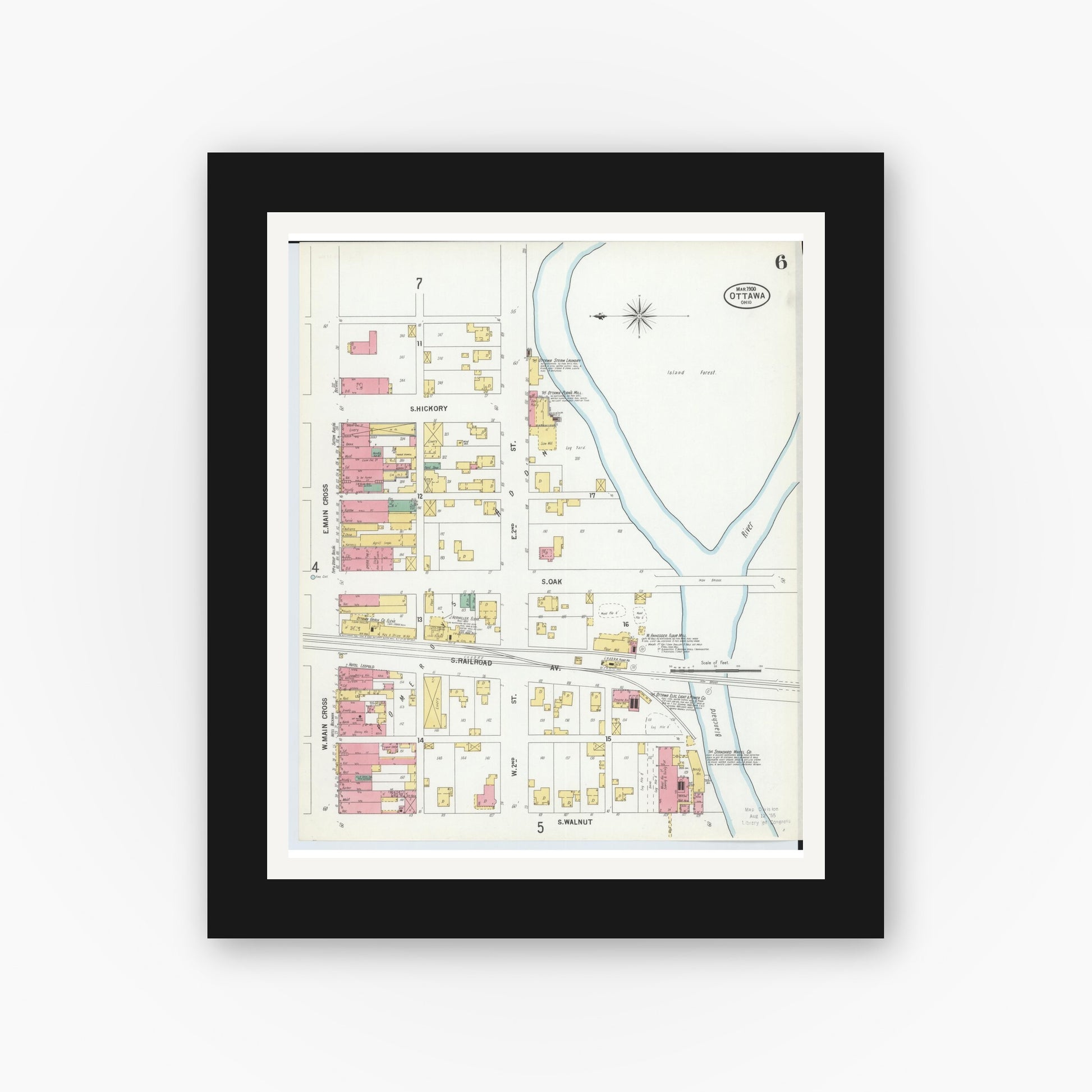 Old map wall art mockup — black gallery frame with white mat — Sanborn Fire Insurance Map from Ottawa, Putnam County, Ohio (1900), Sheet #0006