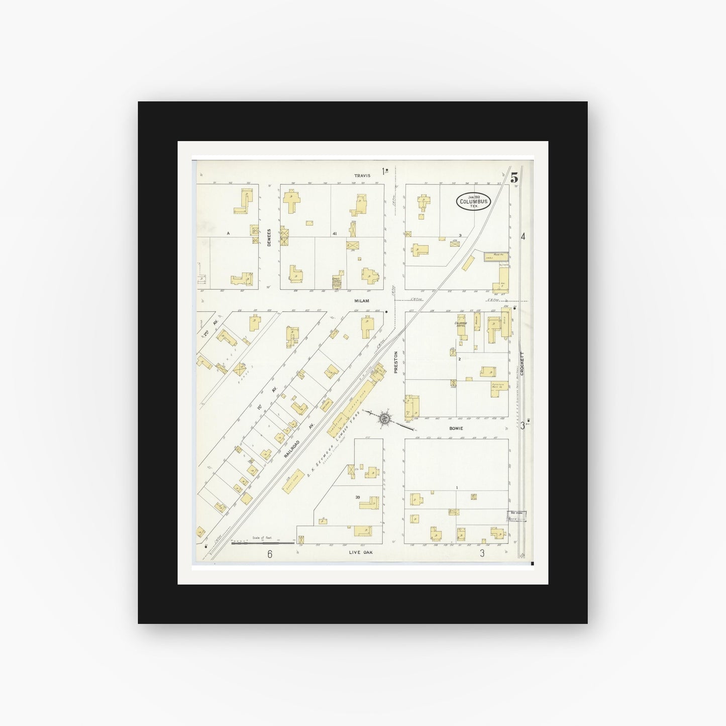 Old map wall art mockup — black gallery frame with white mat — Sanborn Fire Insurance Map from Columbus, Colorado County, Texas (1912), Sheet #0005