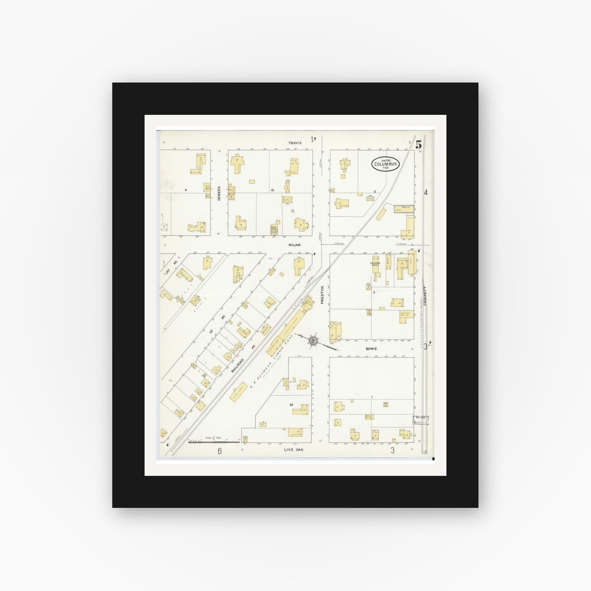Old map wall art mockup — black gallery frame with white mat — Sanborn Fire Insurance Map from Columbus, Colorado County, Texas (1912), Sheet #0005