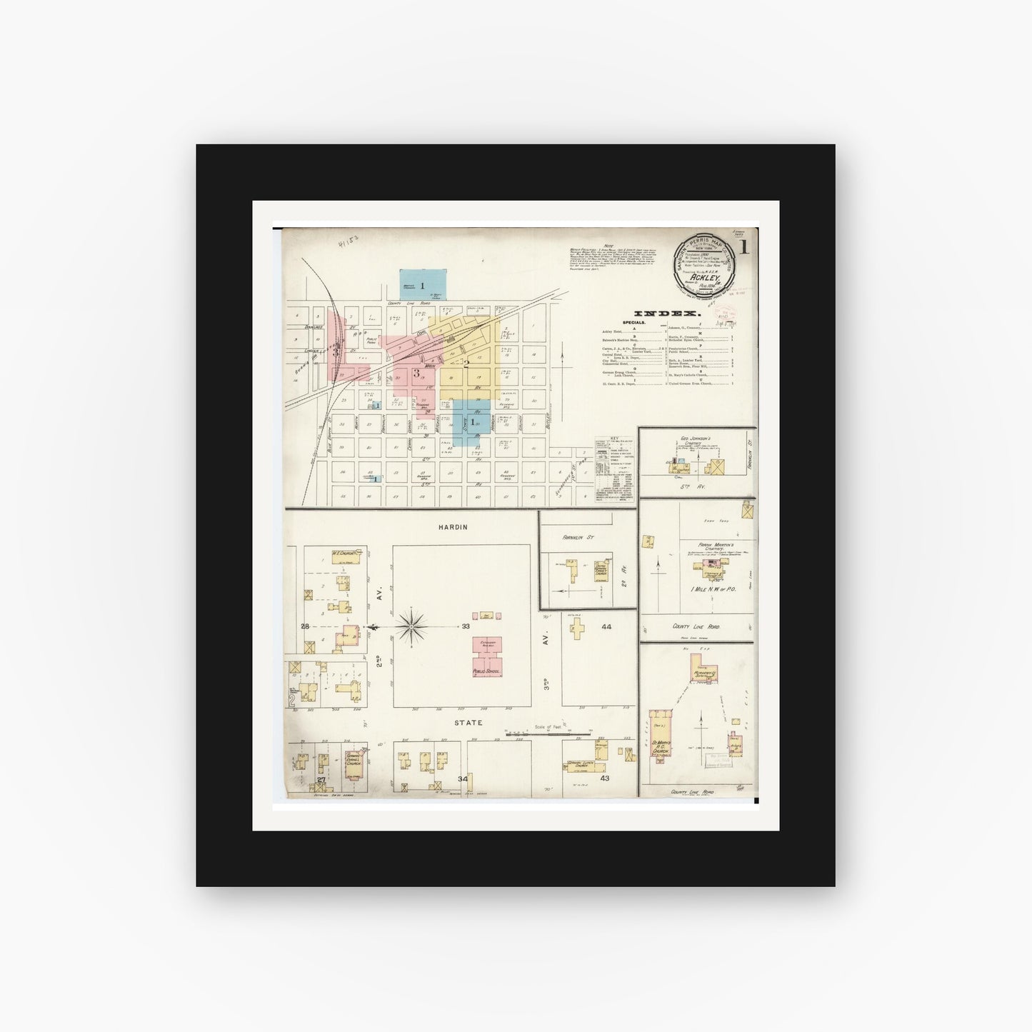 Old map wall art mockup — black gallery frame with white mat — Sanborn Fire Insurance Map from Ackley, Hardin and Franklin Counties, Iowa (1894) â€” Complete Set