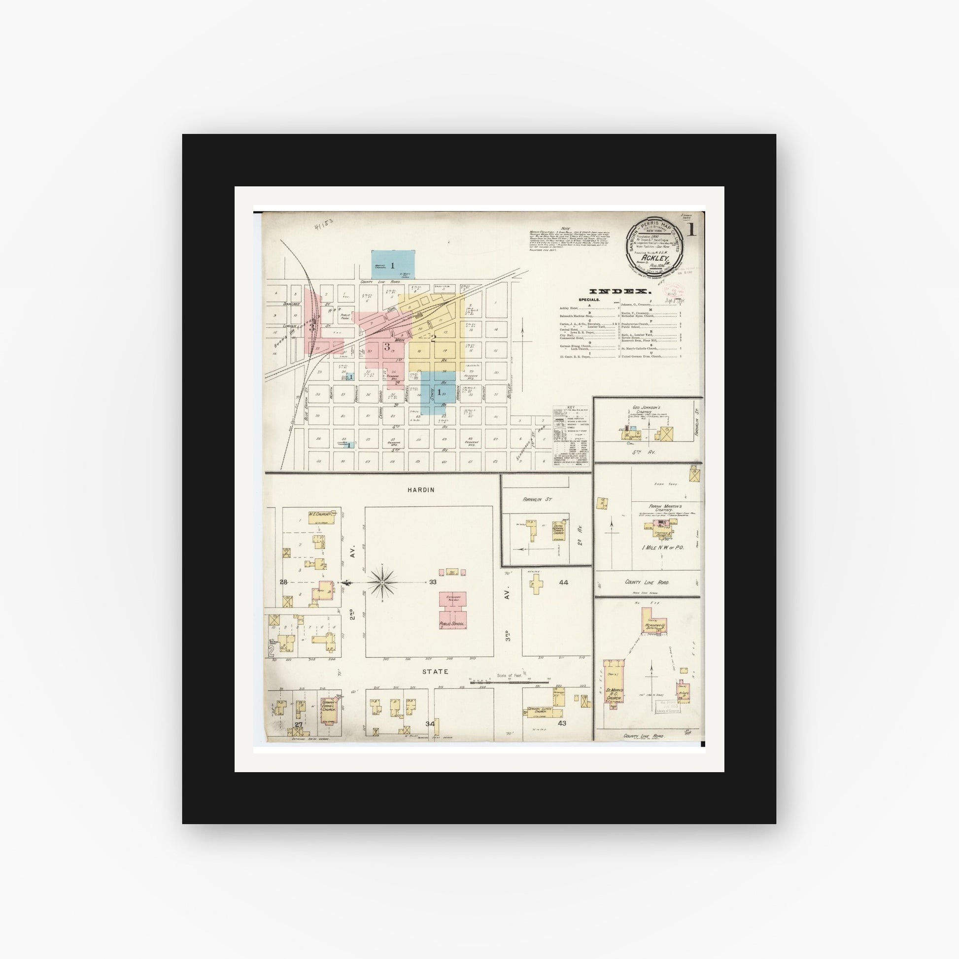 Old map wall art mockup — black gallery frame with white mat — Sanborn Fire Insurance Map from Ackley, Hardin and Franklin Counties, Iowa (1894) â€” Complete Set
