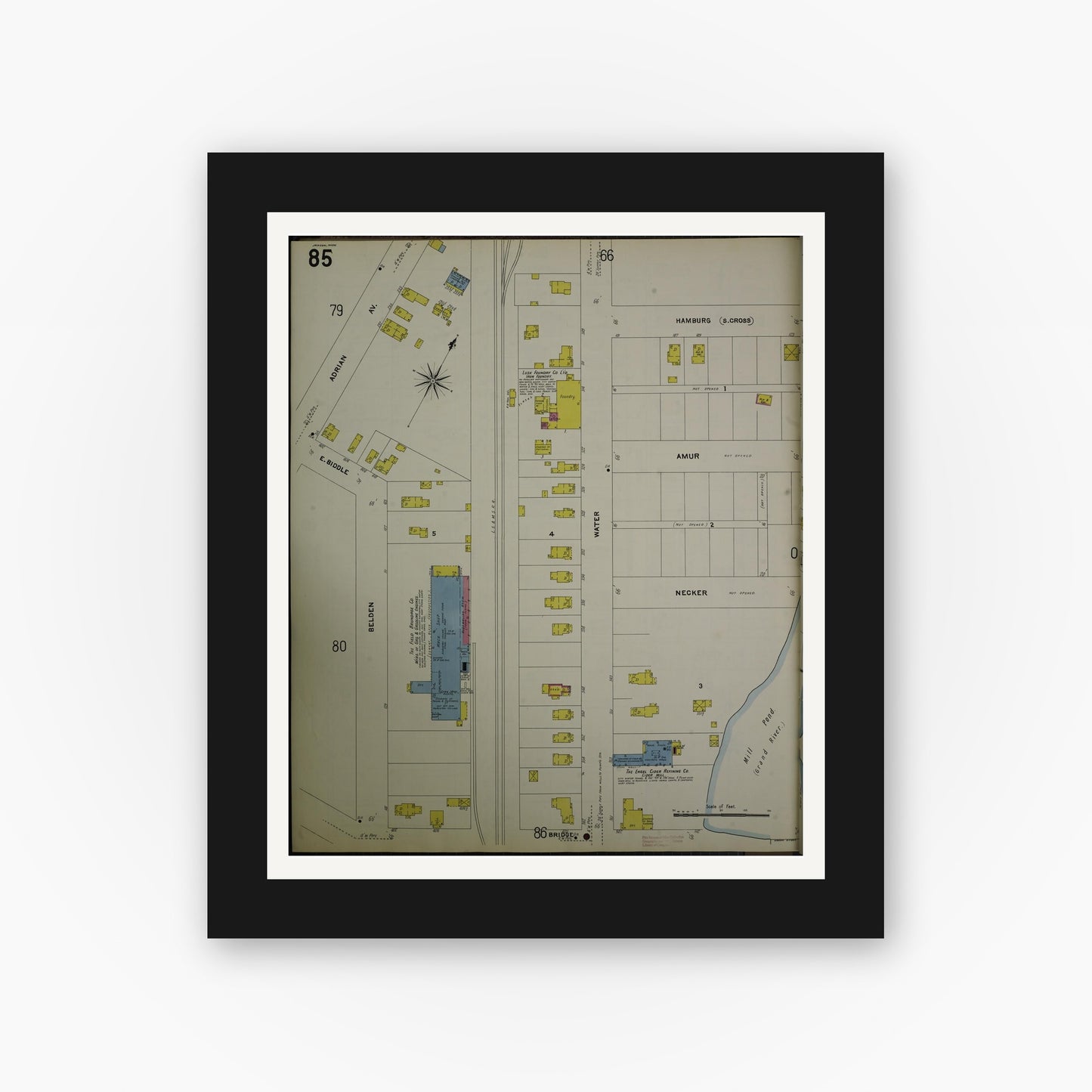 Old map wall art mockup — black gallery frame with white mat — Sanborn Fire Insurance Map from Jackson, Jackson County, Michigan (1907), Sheet #0085