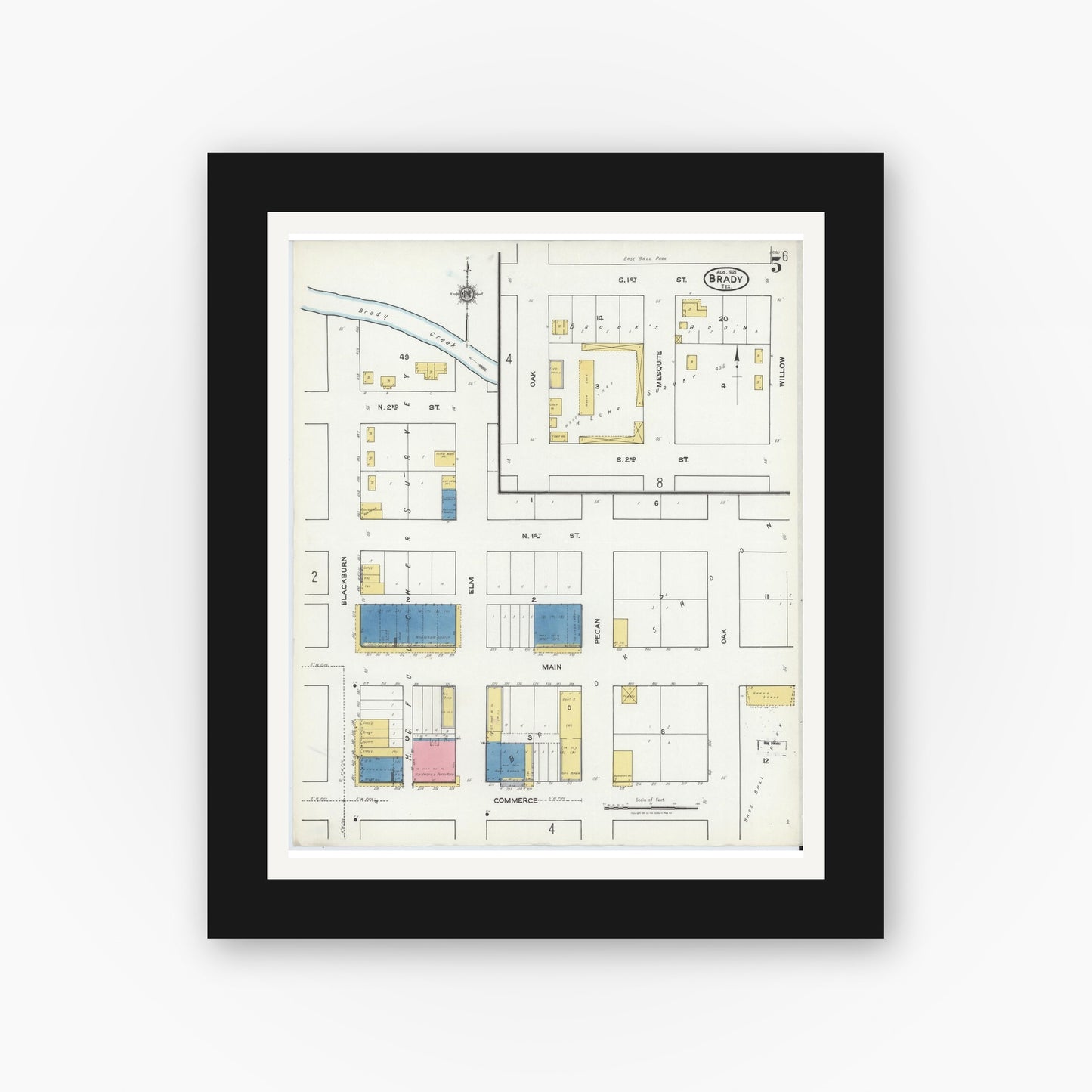 Old map wall art mockup — black gallery frame with white mat — Sanborn Fire Insurance Map from Brady, McCulloch County, Texas (1921), Sheet #0005