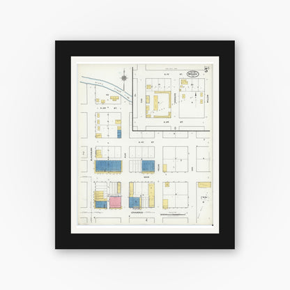 Old map wall art mockup — black gallery frame with white mat — Sanborn Fire Insurance Map from Brady, McCulloch County, Texas (1921), Sheet #0005