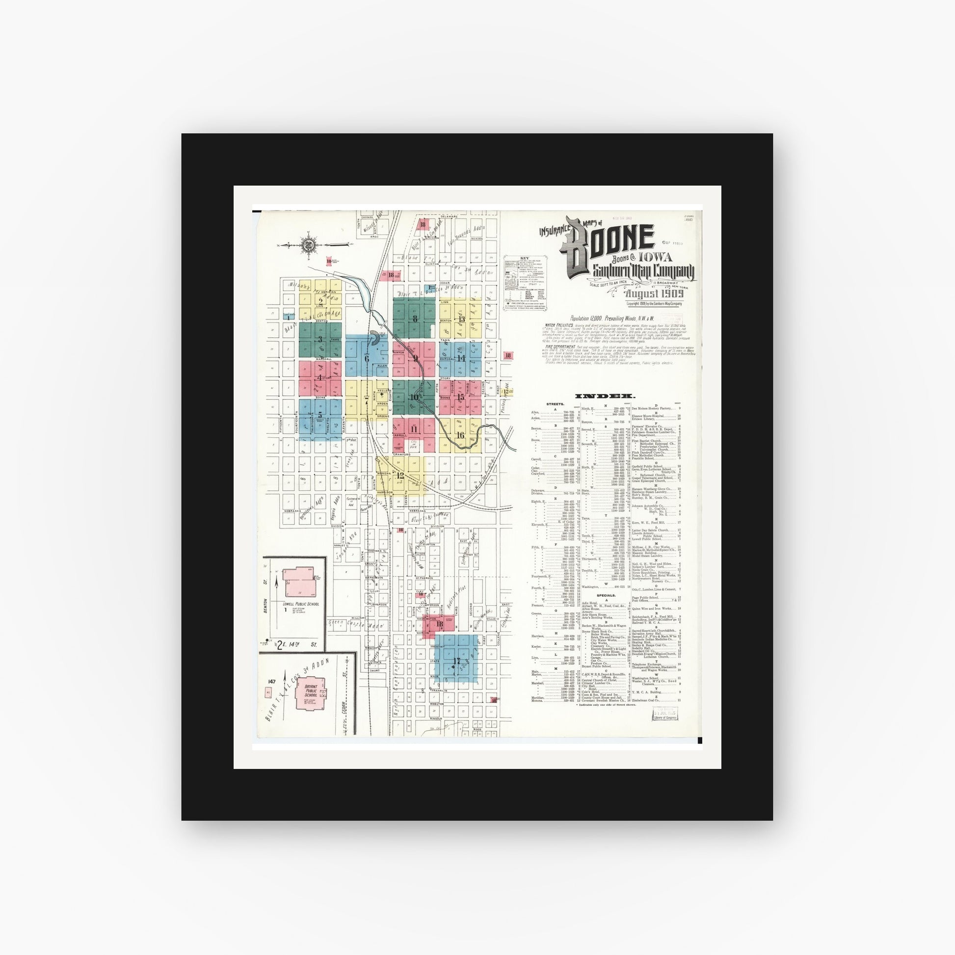 Old map wall art mockup — black gallery frame with white mat — Sanborn Fire Insurance Map from Boone, Boone County, Iowa (1909) â€” Complete Set
