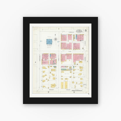 Old map wall art mockup — black gallery frame with white mat — Sanborn Fire Insurance Map from Hillsboro, Hill County, Texas (1905), Sheet #0005