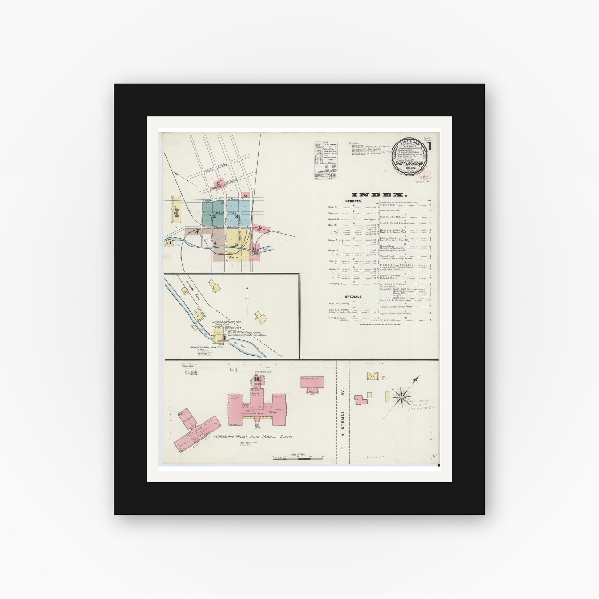 Old map wall art mockup — black gallery frame with white mat — Sanborn Fire Insurance Map from Shippensburg, Cumberland And Franklin Counties, Pennsylvania (1894) - Complete Map Set