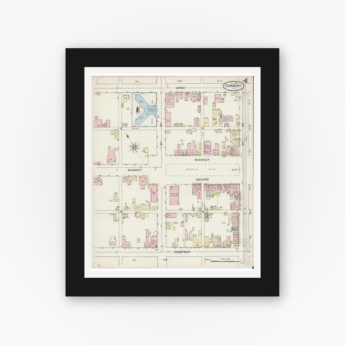 Old map wall art mockup — black gallery frame with white mat — Sanborn Fire Insurance Map from Sunbury, Northumberland County, Pennsylvania (1887), Sheet #0004