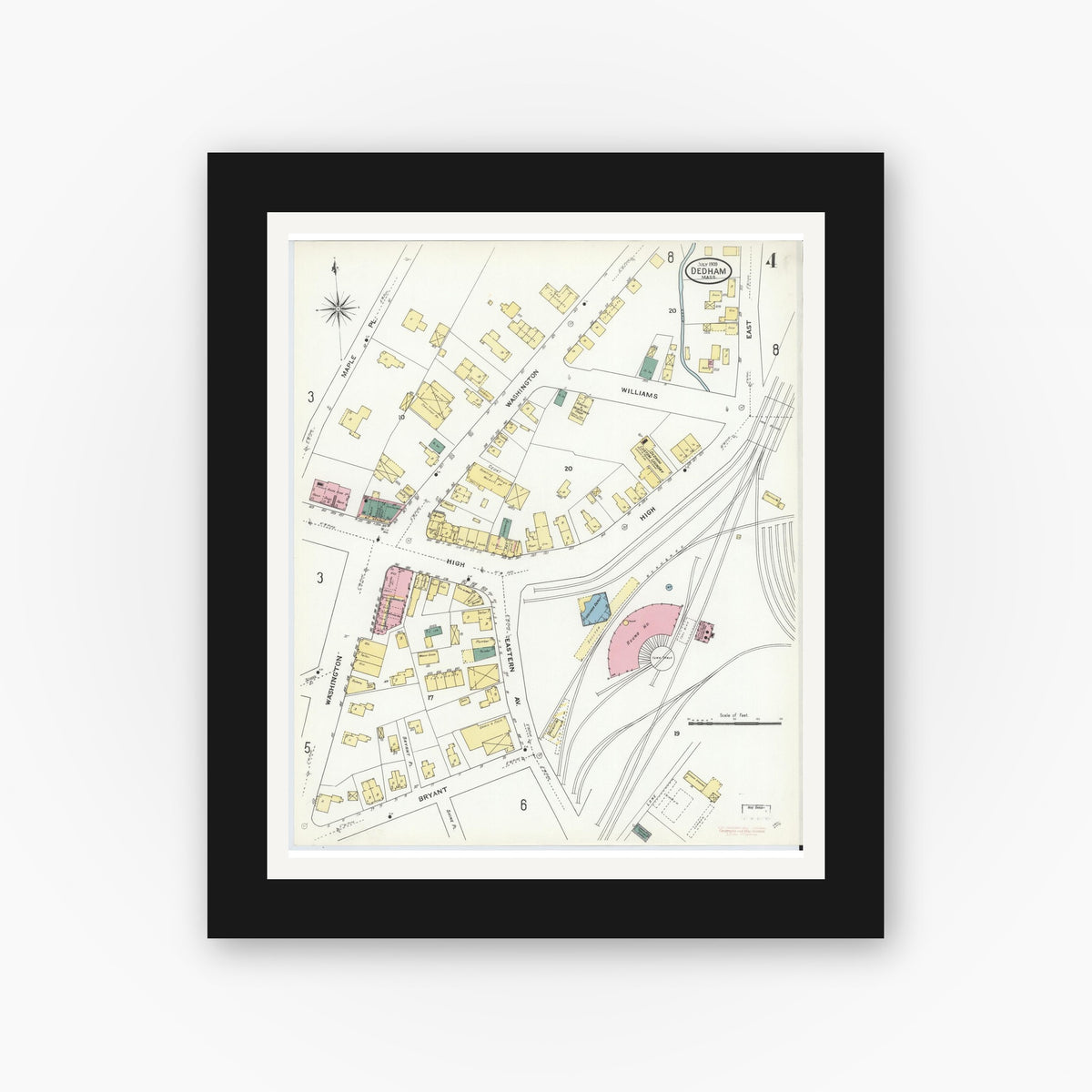 Old map wall art mockup — black gallery frame with white mat — Sanborn Fire Insurance Map from Dedham, Norfolk County, Massachusetts (1909), Sheet #0004