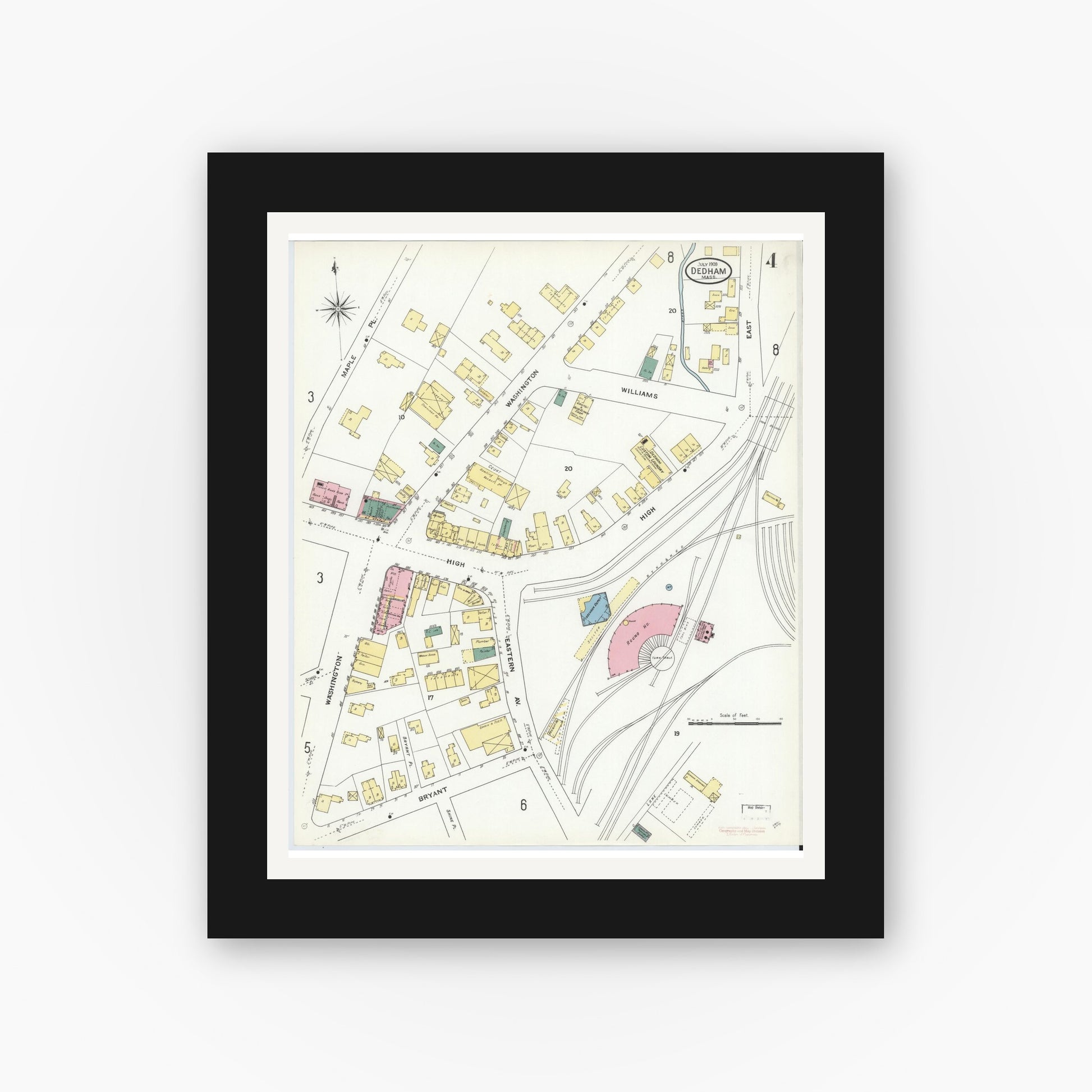 Old map wall art mockup — black gallery frame with white mat — Sanborn Fire Insurance Map from Dedham, Norfolk County, Massachusetts (1909), Sheet #0004