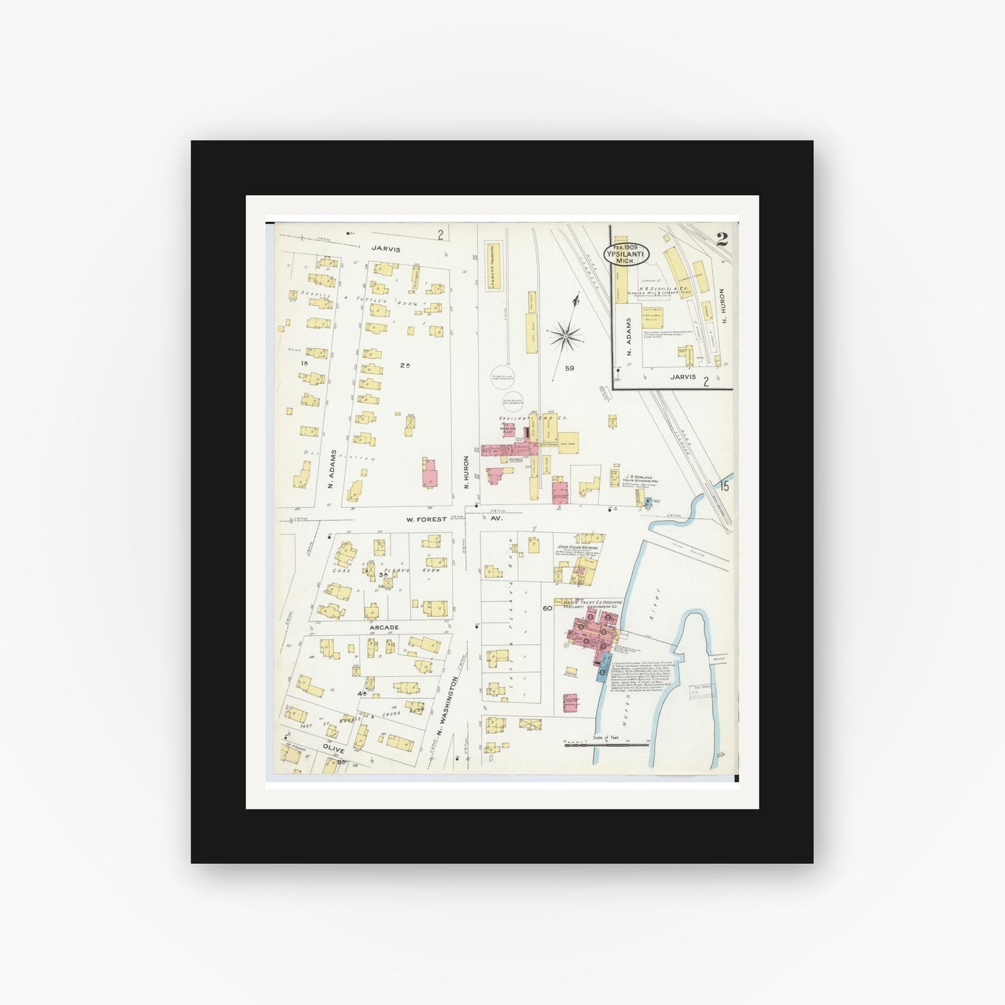 Old map wall art mockup — black gallery frame with white mat — Sanborn Fire Insurance Map from Ypsilanti, Washtenaw County, Michigan (1909), Sheet #0002