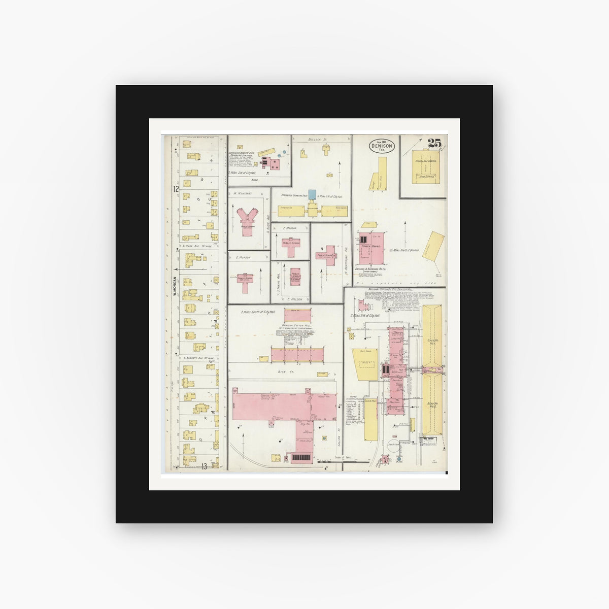 Old map wall art mockup — black gallery frame with white mat — Sanborn Fire Insurance Map from Denison, Grayson County, Texas (1903), Sheet #0025