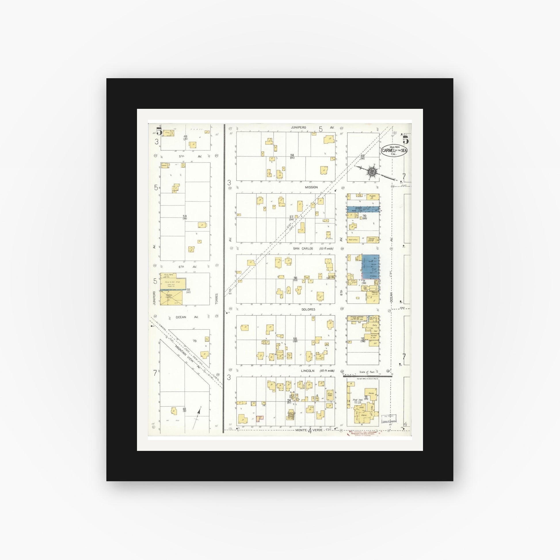 Old map wall art mockup — black gallery frame with white mat — Sanborn Fire Insurance Map from Carmel By The Sea, Monterey County, California (1924), Sheet #0005