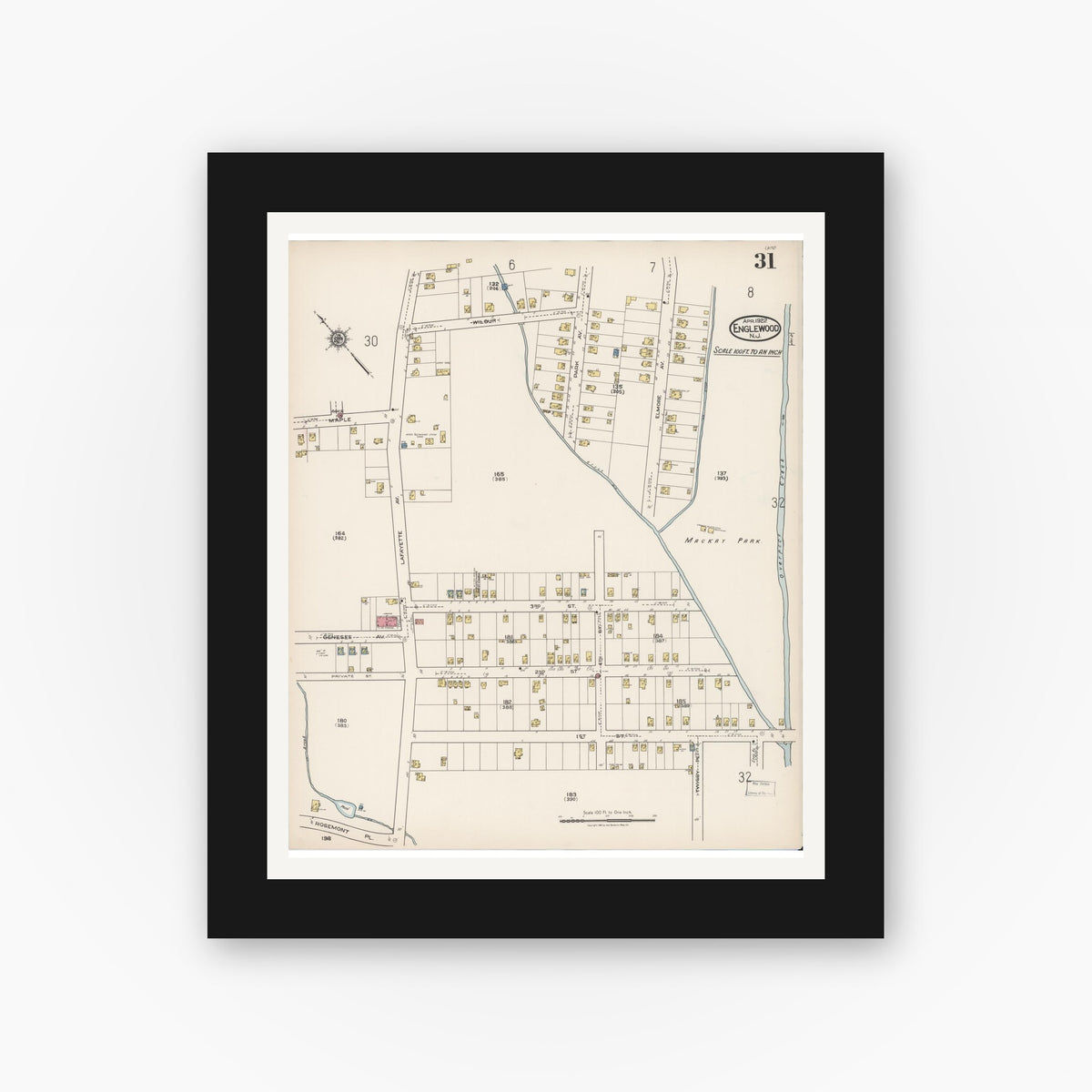 Old map wall art mockup — black gallery frame with white mat — Sanborn Fire Insurance Map from Englewood, Bergen County, New Jersey (1922), Sheet #0031
