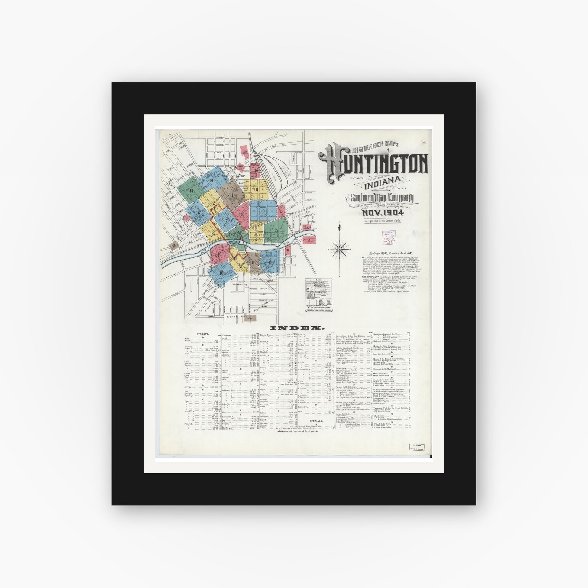 Old map wall art mockup — black gallery frame with white mat — Sanborn Fire Insurance Map from Huntington, Huntington County, Indiana (1904), Sheet #0001