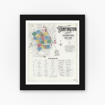Old map wall art mockup — black gallery frame with white mat — Sanborn Fire Insurance Map from Huntington, Huntington County, Indiana (1904), Sheet #0001