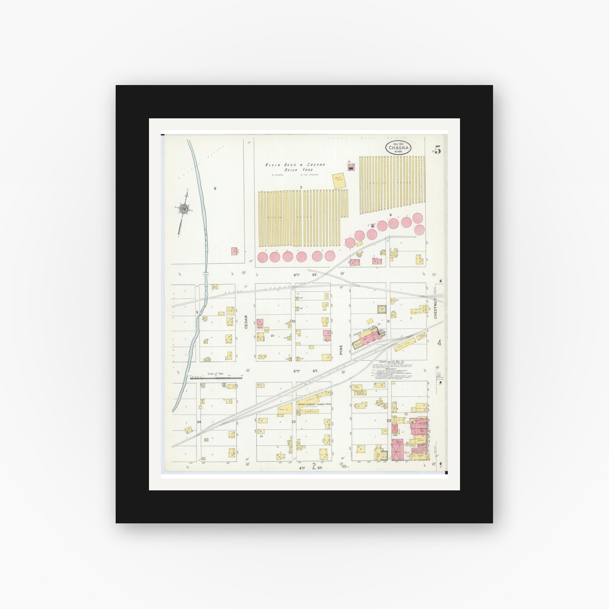 Old map wall art mockup — black gallery frame with white mat — Sanborn Fire Insurance Map from Chaska, Carver County, Minnesota (1910), Sheet #0005