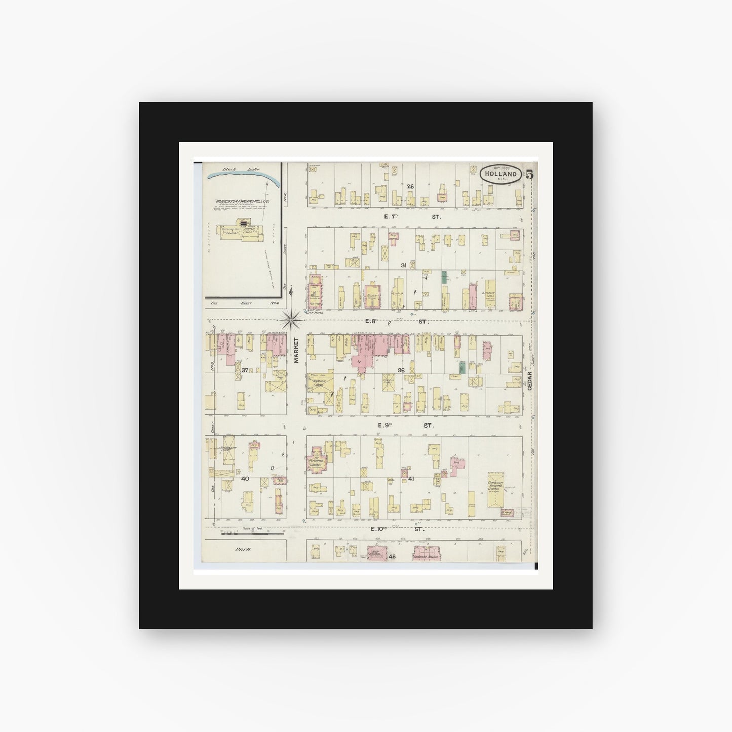 Old map wall art mockup — black gallery frame with white mat — Sanborn Fire Insurance Map from Holland, Ottawa County, Michigan (1889), Sheet #0005