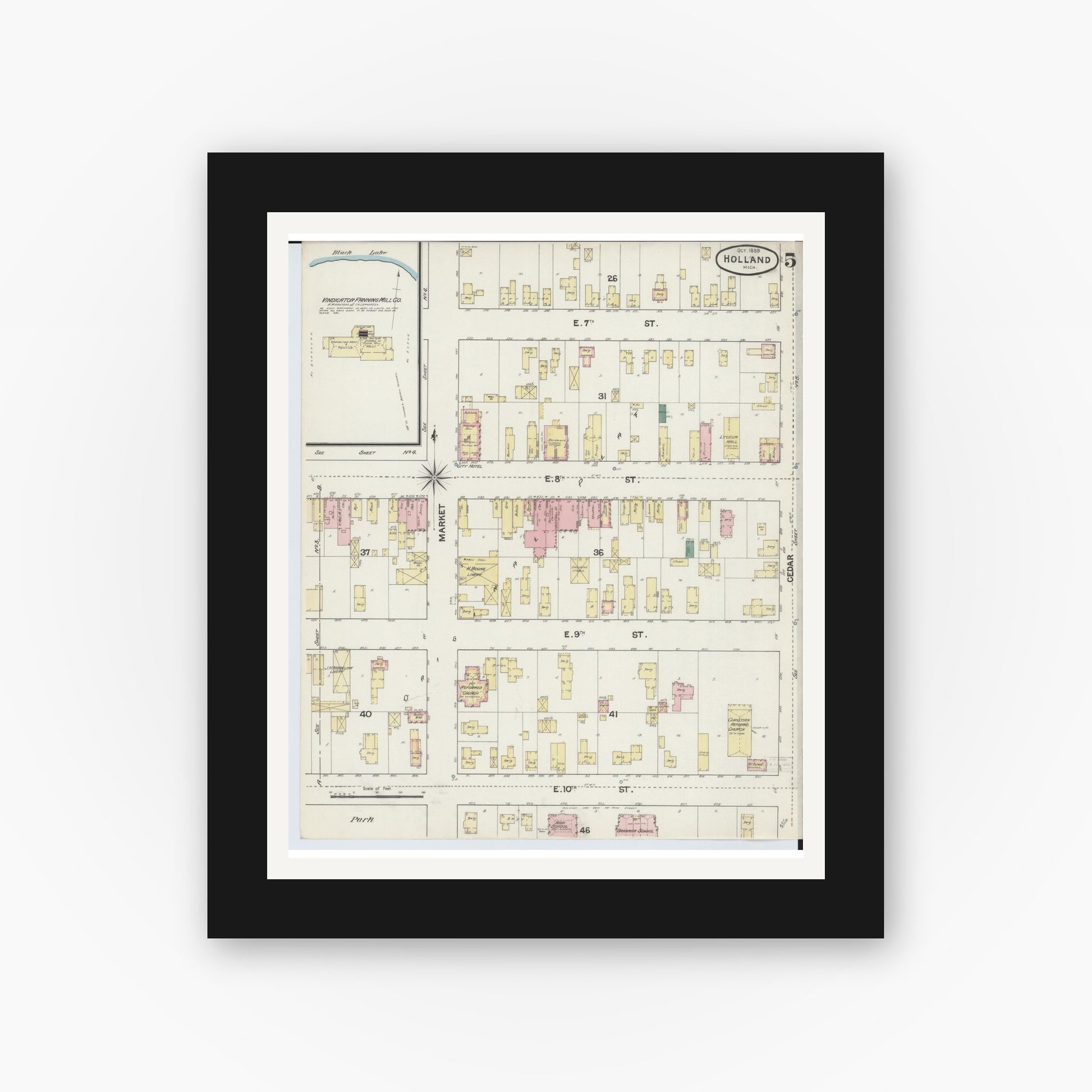 Old map wall art mockup — black gallery frame with white mat — Sanborn Fire Insurance Map from Holland, Ottawa County, Michigan (1889), Sheet #0005