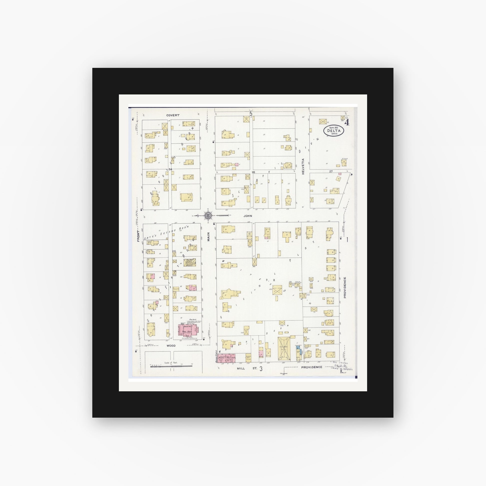 Old map wall art mockup — black gallery frame with white mat — Sanborn Fire Insurance Map from Delta, Fulton County, Ohio (1910), Sheet #0004