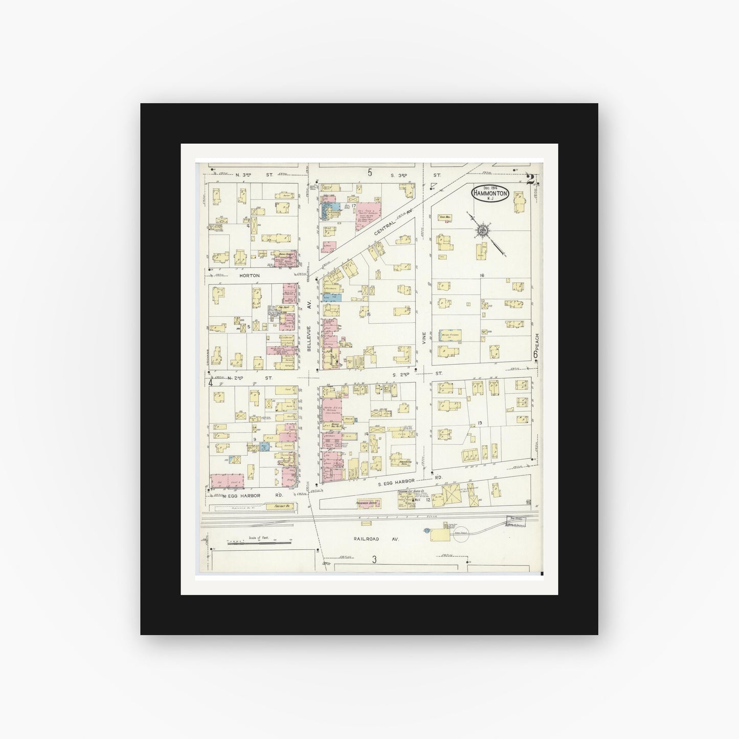 Old map wall art mockup — black gallery frame with white mat — Sanborn Fire Insurance Map from Hammonton, Atlantic County, New Jersey (1914), Sheet #0002