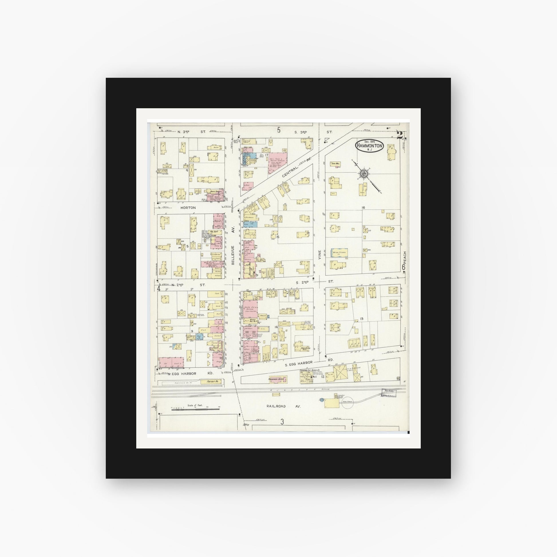 Old map wall art mockup — black gallery frame with white mat — Sanborn Fire Insurance Map from Hammonton, Atlantic County, New Jersey (1914), Sheet #0002